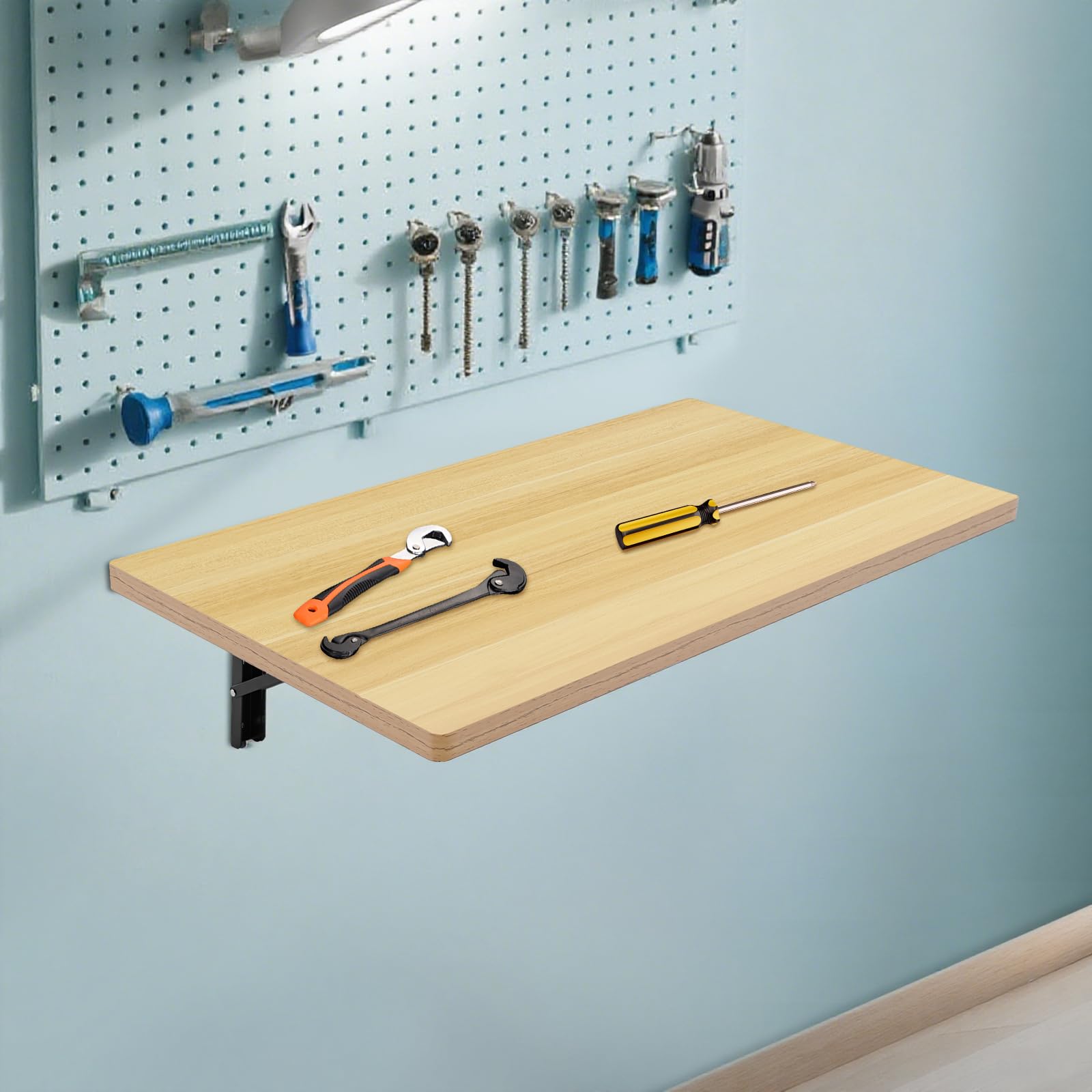 Banco de trabajo plegable montado en la pared, 81 x 45,5 cm, banco de trabajo flotante, soportes de acero negro, soporta 250 kg (color madera)