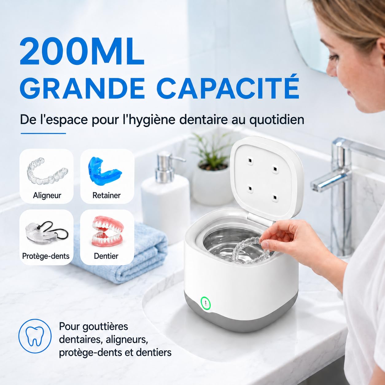 Nettoyeur à Ultrasons pour Gouttières et Dentiers 200ML (Blanc) | Nettoyage aux Ultrasons 45kHz avec 24W, Batterie 4000mAh et 4 Lampes UV pour Aligneurs, Gouttières, Dentiers et Bijoux