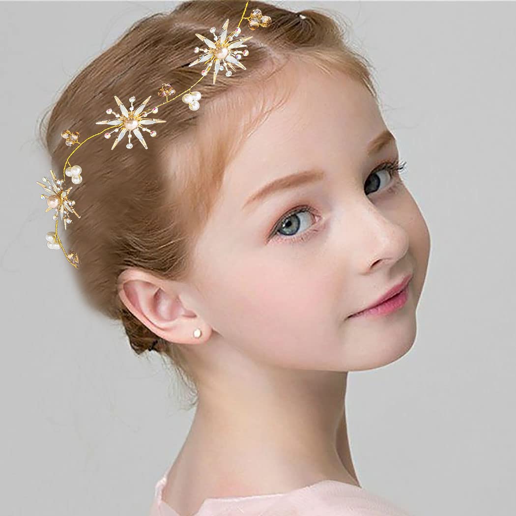 Flayem Diadema de cristal brillante para novia de pelo dorado con perla elegante para dama de honor y niñas de flores