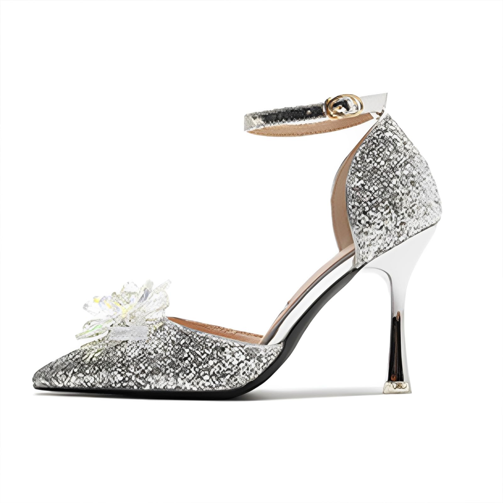 Scarpe da Sposa con Tacchi Alti da Donna Sandali Cavi Décolleté con Fiori di Strass e Tomaia Glitterata Altezza Tacco Medio 3