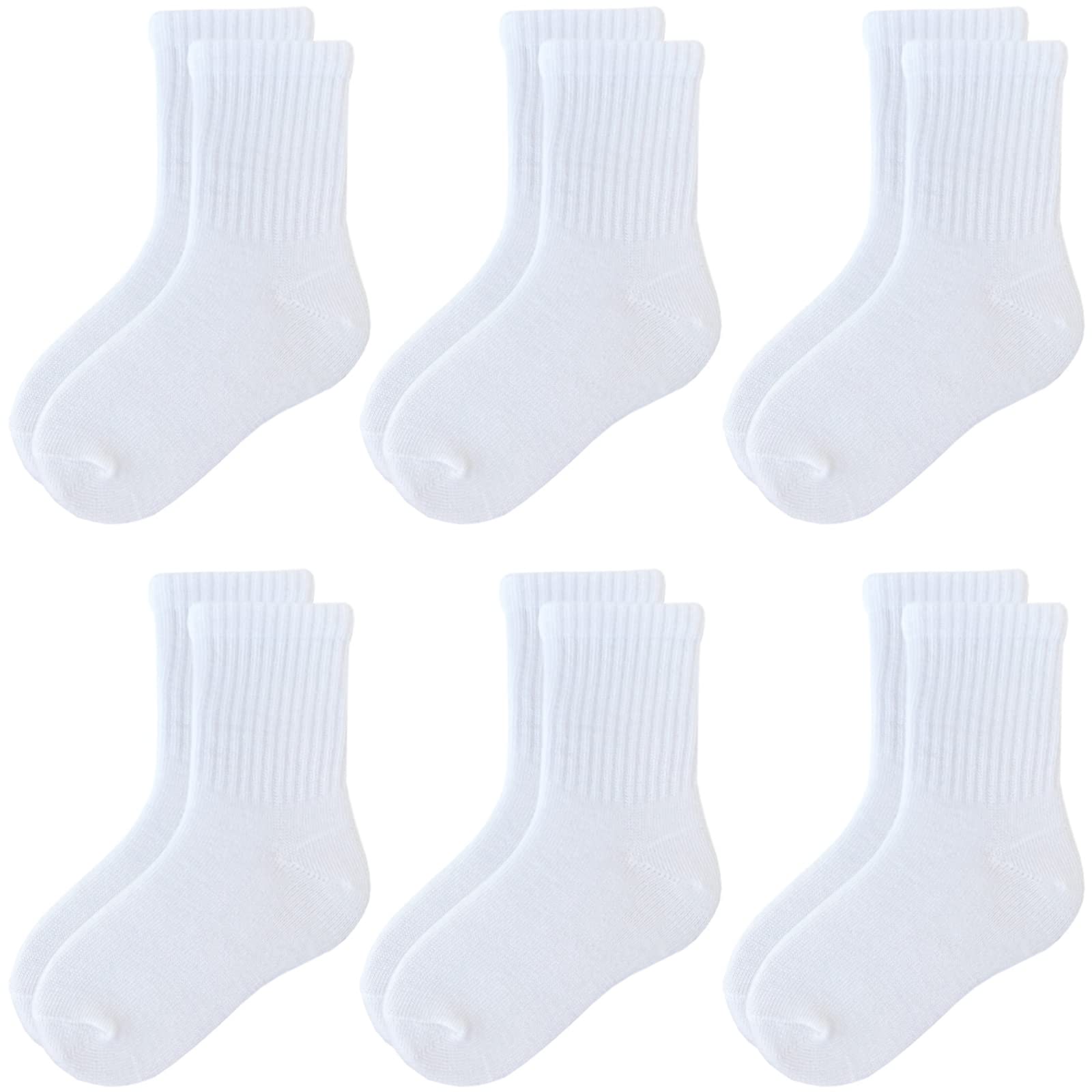 Jamegio Boys Crew Socks 6 Pairs White Cotton Athletic Socks for Toddlers Boys Girls