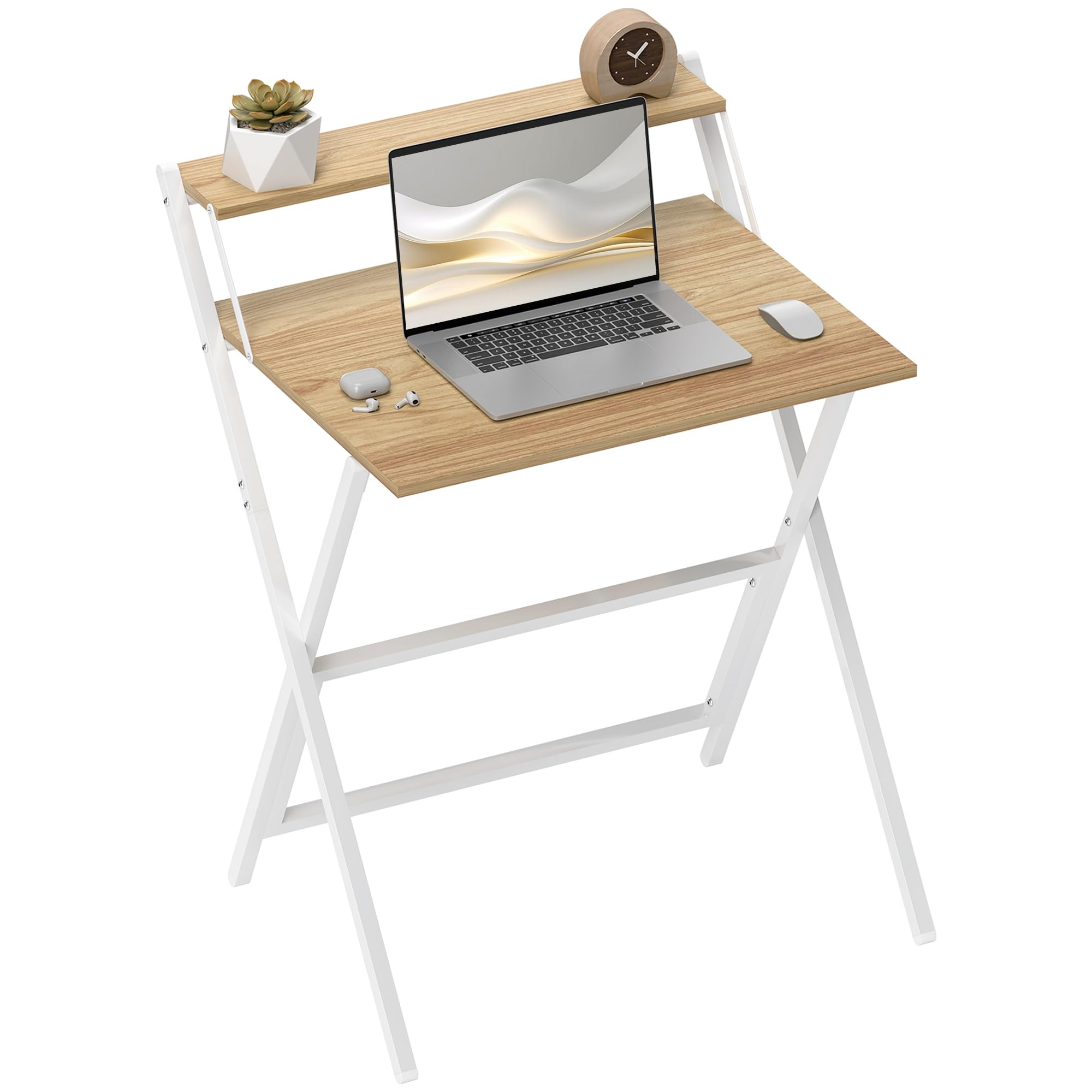 HOMCOM Folding Desk with Monitor Shelf Foldable 70 cm Natural Wood Finish