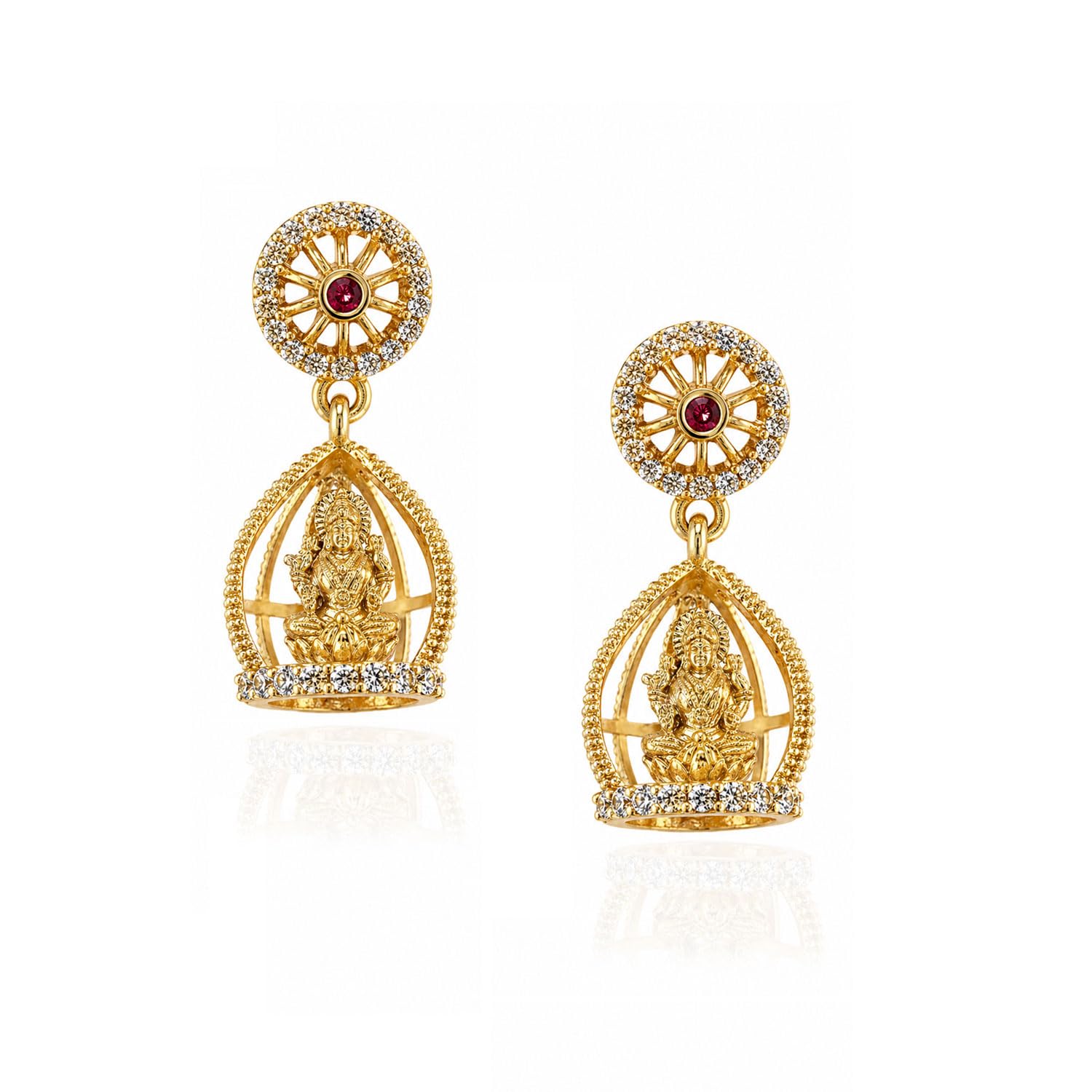 FASHIONS Traditional South Indian 18K Matte Gold Plated Anti Tarnish Ruby Stone Stud Earrings Round Temple Jewellery Ear Studs For Women & Girls-image-9