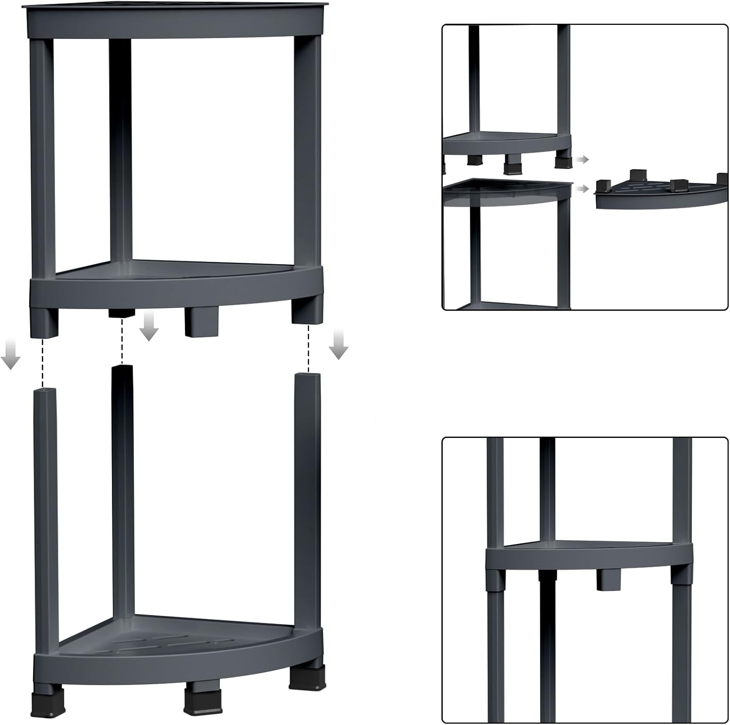 GallopFun Corner Shower Stool for Inside Shower, Waterproof Shower Bench for Shaving Legs, Plastic Anti-Fracture Shower Seat/Foot Rest with Baffle Storage Shelf, Rapid Assembly DIY Shelf (Gray)