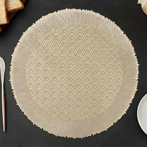 Image of Yellow Weaves 1 Pc PVC Round Table Placemat, Dining Table Mat, Stain Resistant, Anti-Skid, Waterproof, Washable, Dining, Kitchen, Restaurant Table Set Easy to Clean, Durable (Zig Zag Golden)