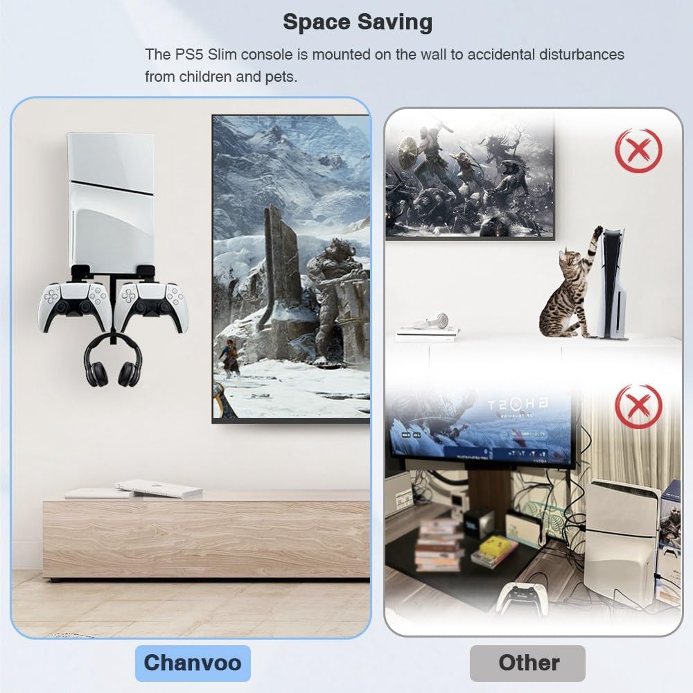 Wall Mount for PS5 Slim Console, Aluminum PS5 Slim Disc/Digital Console Wall Shelf Mount with Controller & Headphone Holder - Black - Image 2