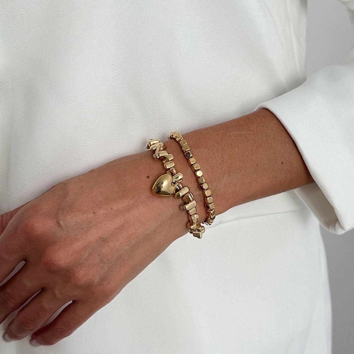 CXENSJH Gold Beaded Stretch Bracelets for Women Stackable Elastic Heart Pendant Bracelet Stretch Gold Beaded Bangle Charm Jewelry - Image 4