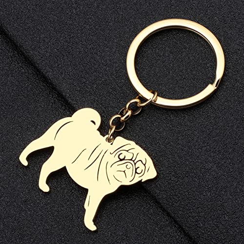 BAMAY Edelstahl Hund Rassen Schlüsselanhänger Mops Chihuahua Labrador Yorkshire Corgi Welpe Schlüsselring Charms Hund Geschenke für Frauen Mädchen (Pug Vergoldet)