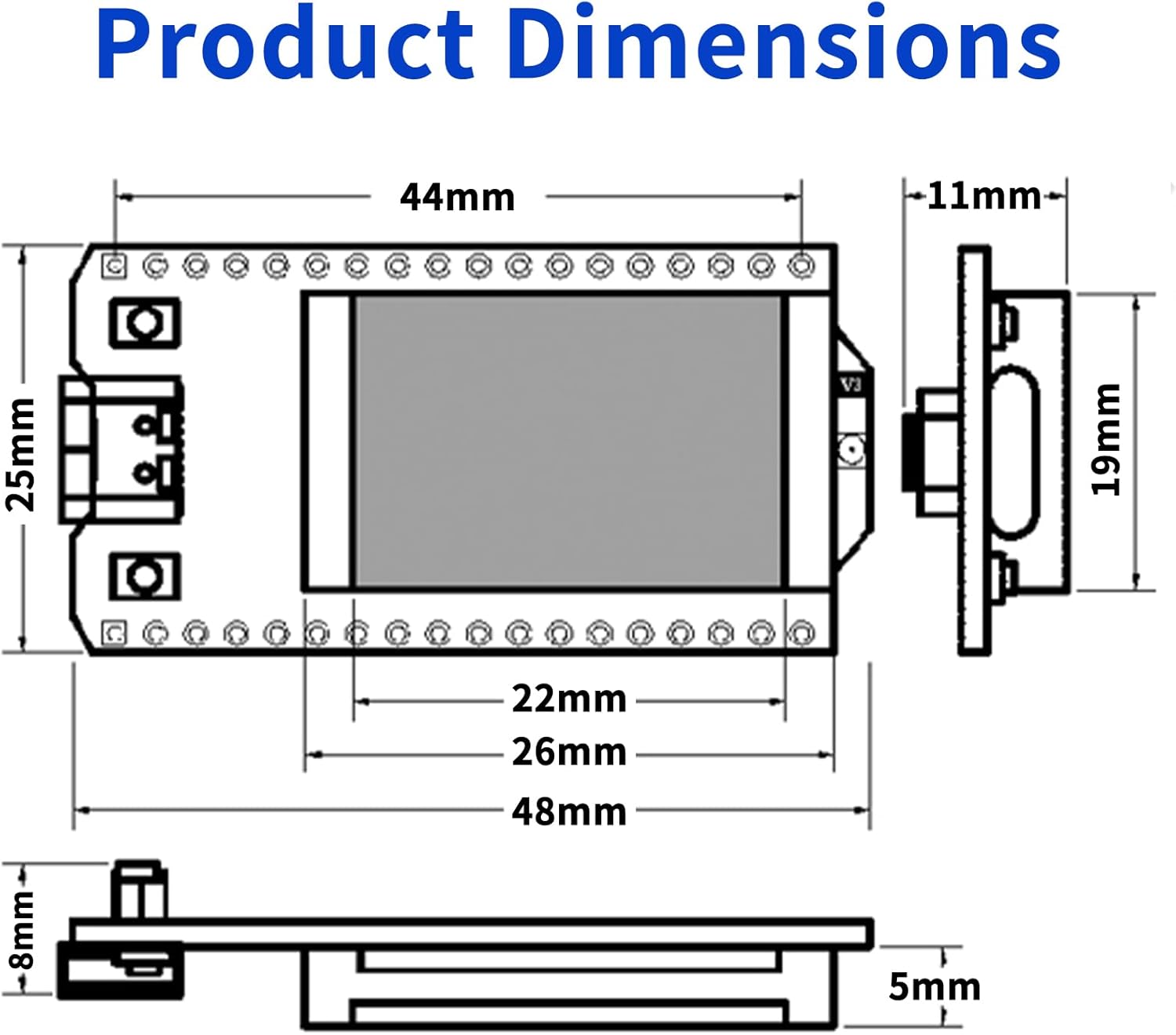 Product dimensions of the ESP32 LoRa V3 Development Board