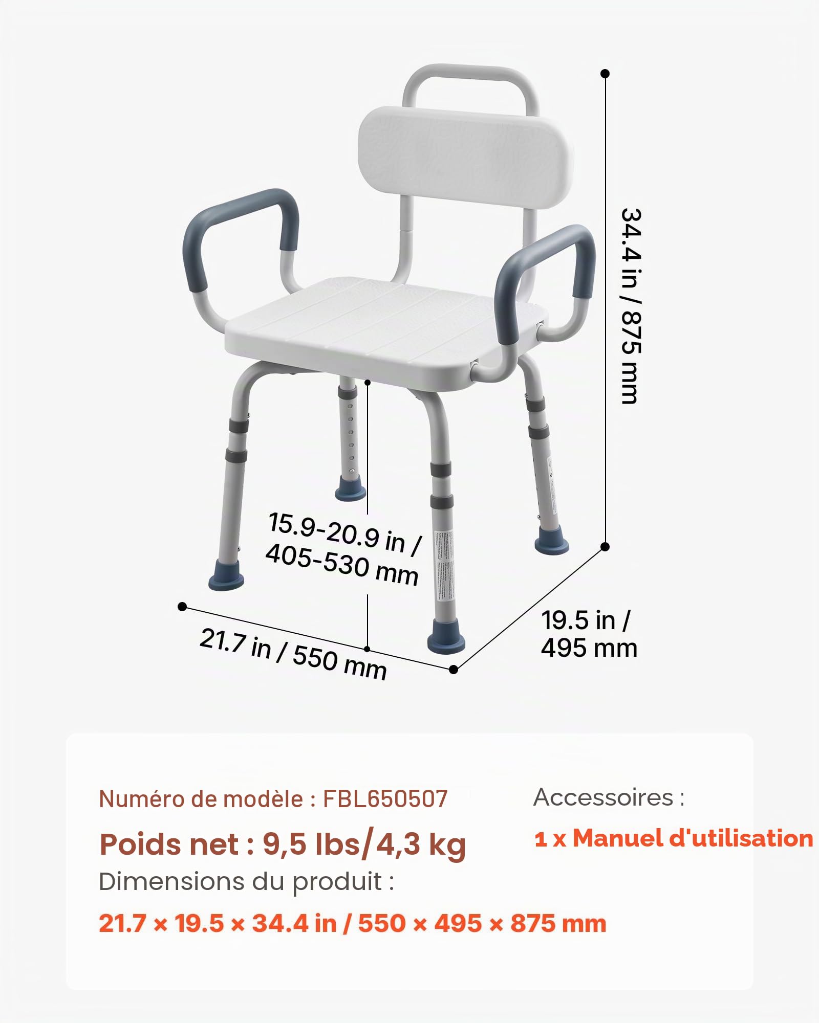 VEVOR Chaise de Baignoire Pivotante à 360°, Banc de Transfert Baignoire avec Dossier et Accoudoirs, Capacité 180 kg, Siège de Douche pour Adultes, Personnes Âgées et Handicapés, Hauteur Réglable