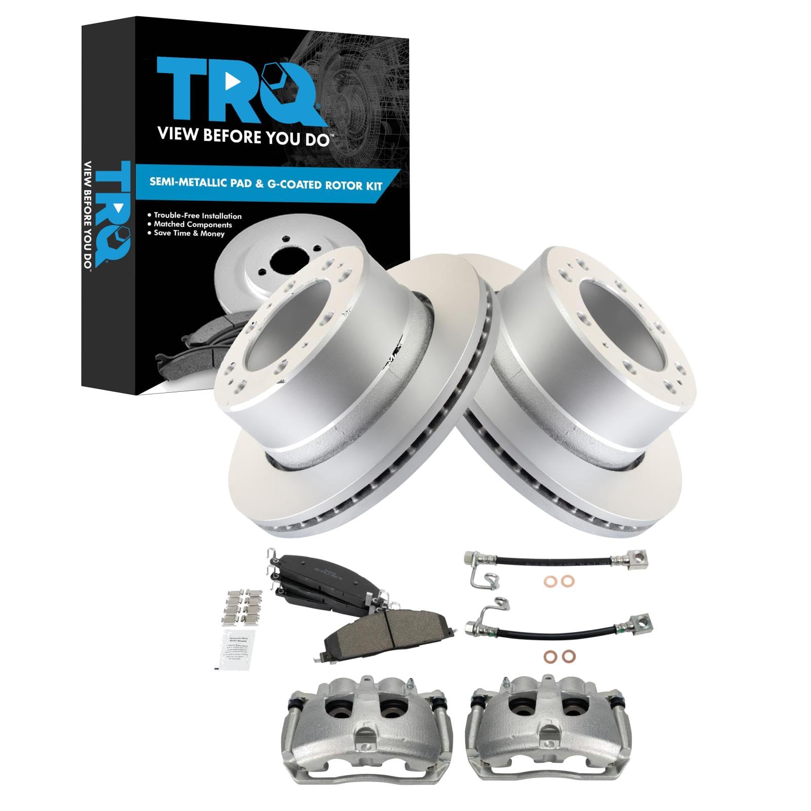 TRQ Rear Brake Pad &amp; Rotor Kit Semi-Metallic Premium G-Coated Compatible with 2014-2014 Ram 3500