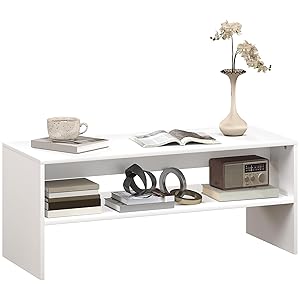 HOMCOM Mesa de Centro Moderna de 2 Niveles con Tablero Abierto y pies Antideslizantes, Mesa Baja de aglomerado, 100x40x41,5 cm, Blanco