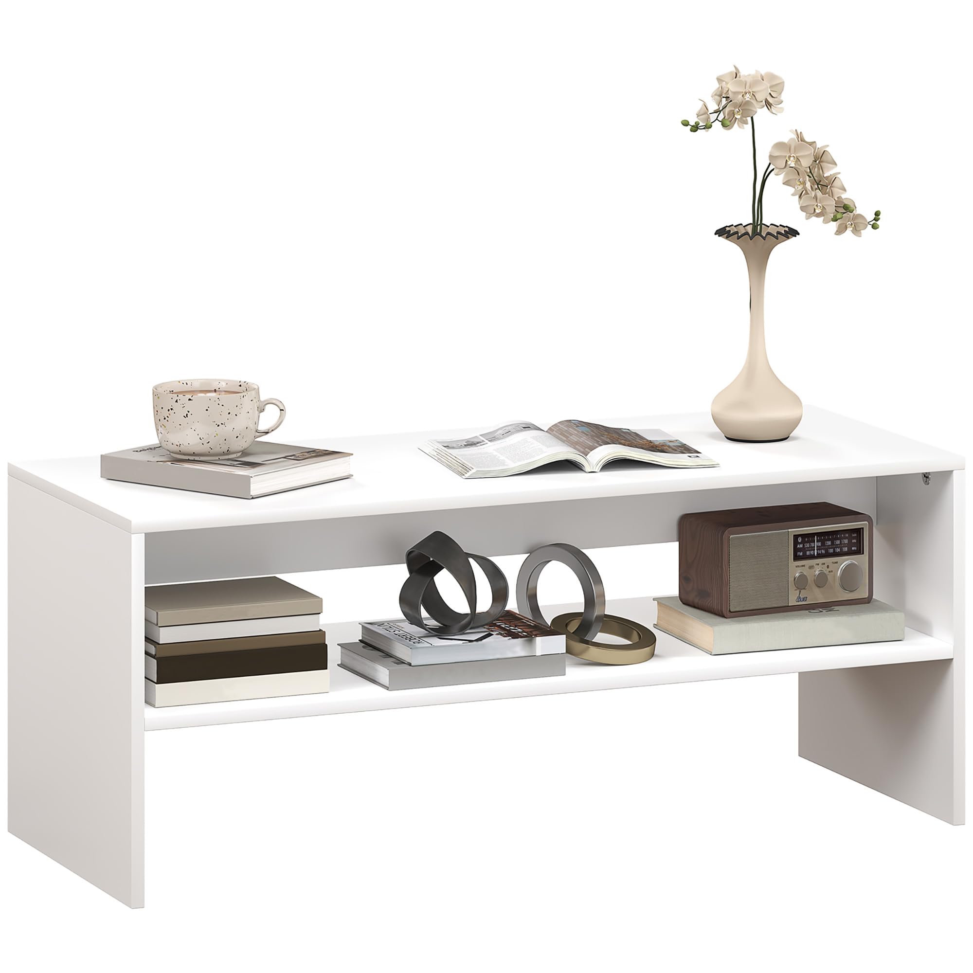 HOMCOM Tavolino da Caffè Moderno 2 Livelli 100x40x41.5 cm Bianco | Ripiano Aperto, Piedini Antiscivolo, Tavolino Basso in Truciolato