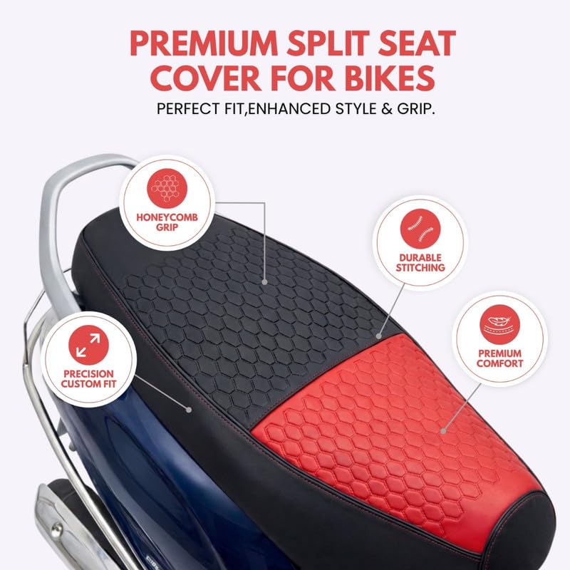 Image of Neodrift Premium Scooty Seat Cover - Suzuki E Access | Red+Black | Anti-Slip & Shock-Absorbing Design | Water-Resistant Fit | Strip Cushioning | Professional Fit | Nappa Art Leather