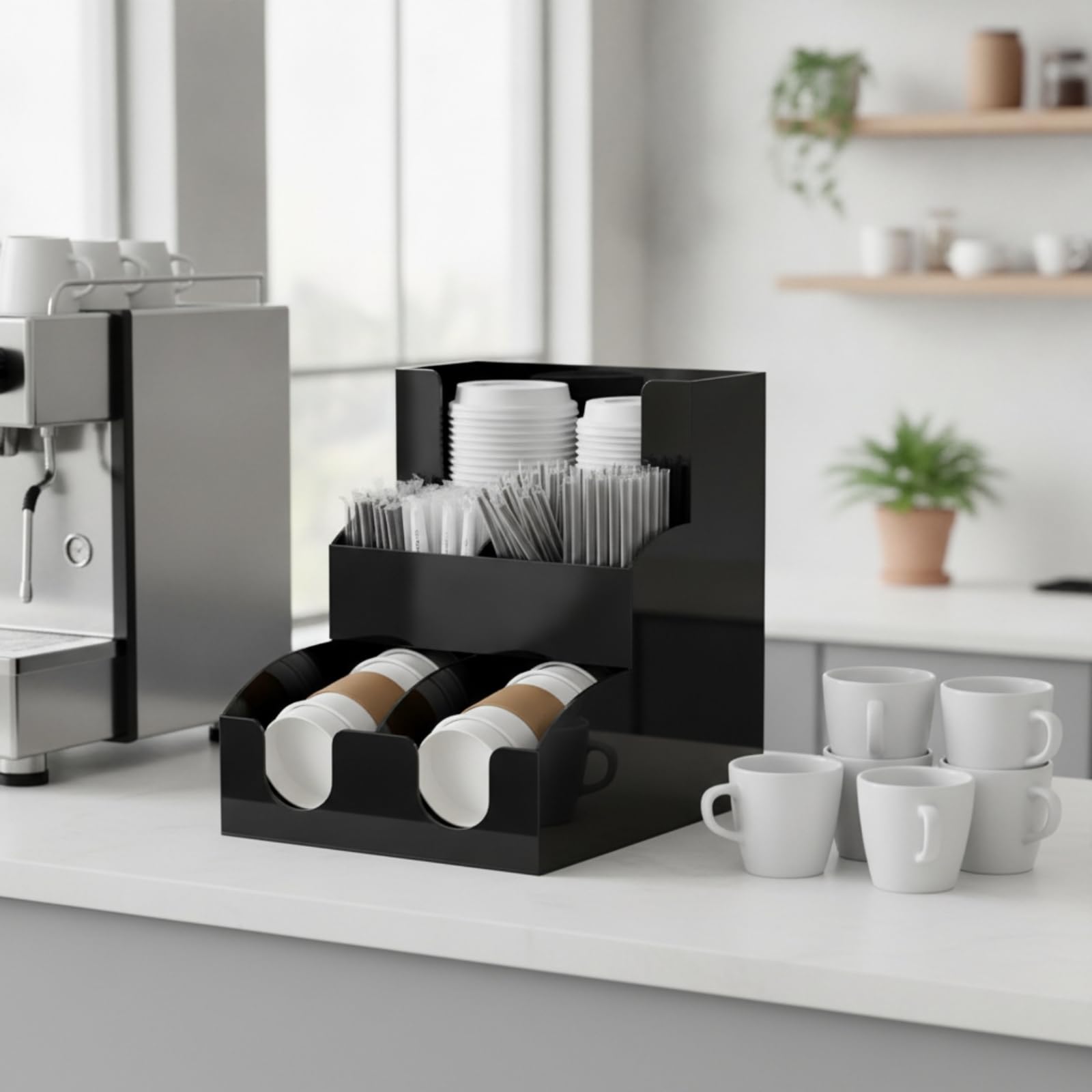 Portavasos Acrílico Compacto Organizador Vasos con Compartimentos Brillante para Baristas, Negro, Estante De Tazas Inclinado De Cuatro Rejillas