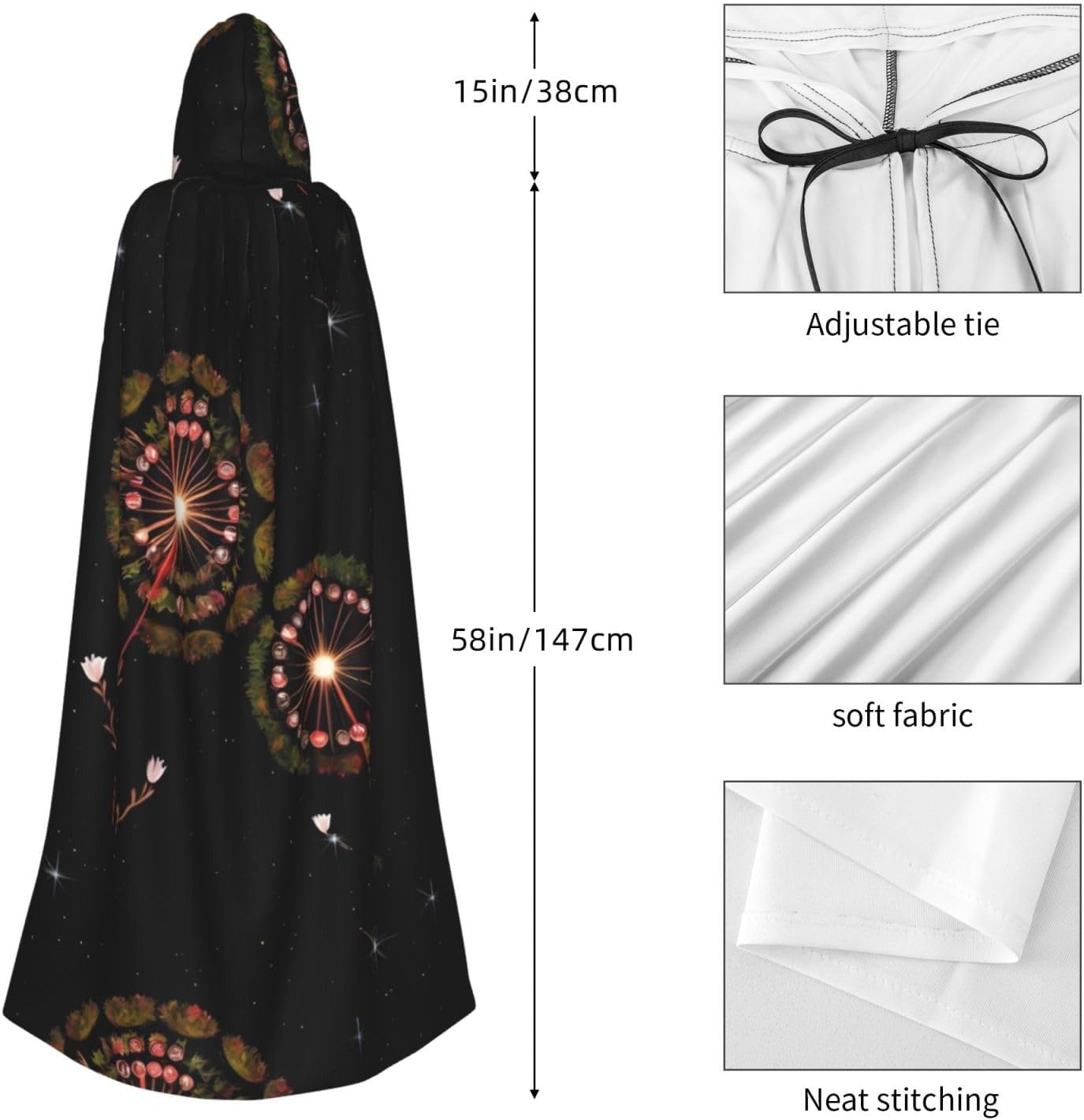 Starry Dandelion Men Women Halloween Role Play Party Decoration Hooded Poncho Black