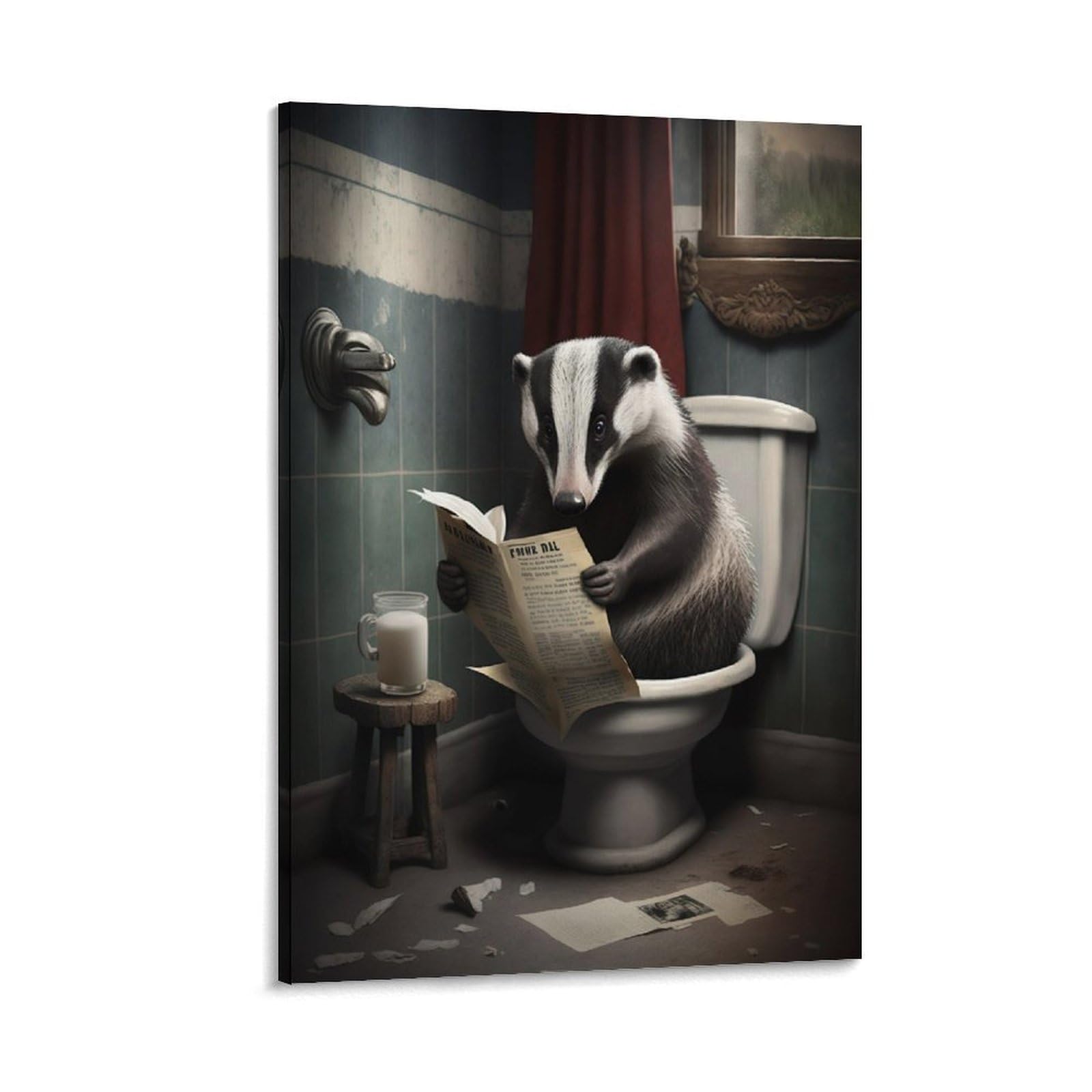QZFNCOYU Badger Sitting on Toilet Reading Newspaper Vintage Funny Bathroom Poster Animal Art Poster Canvas Poster Bedroom Decor Landscape Office Room Decor Gift 12x18inch(30x45cm)