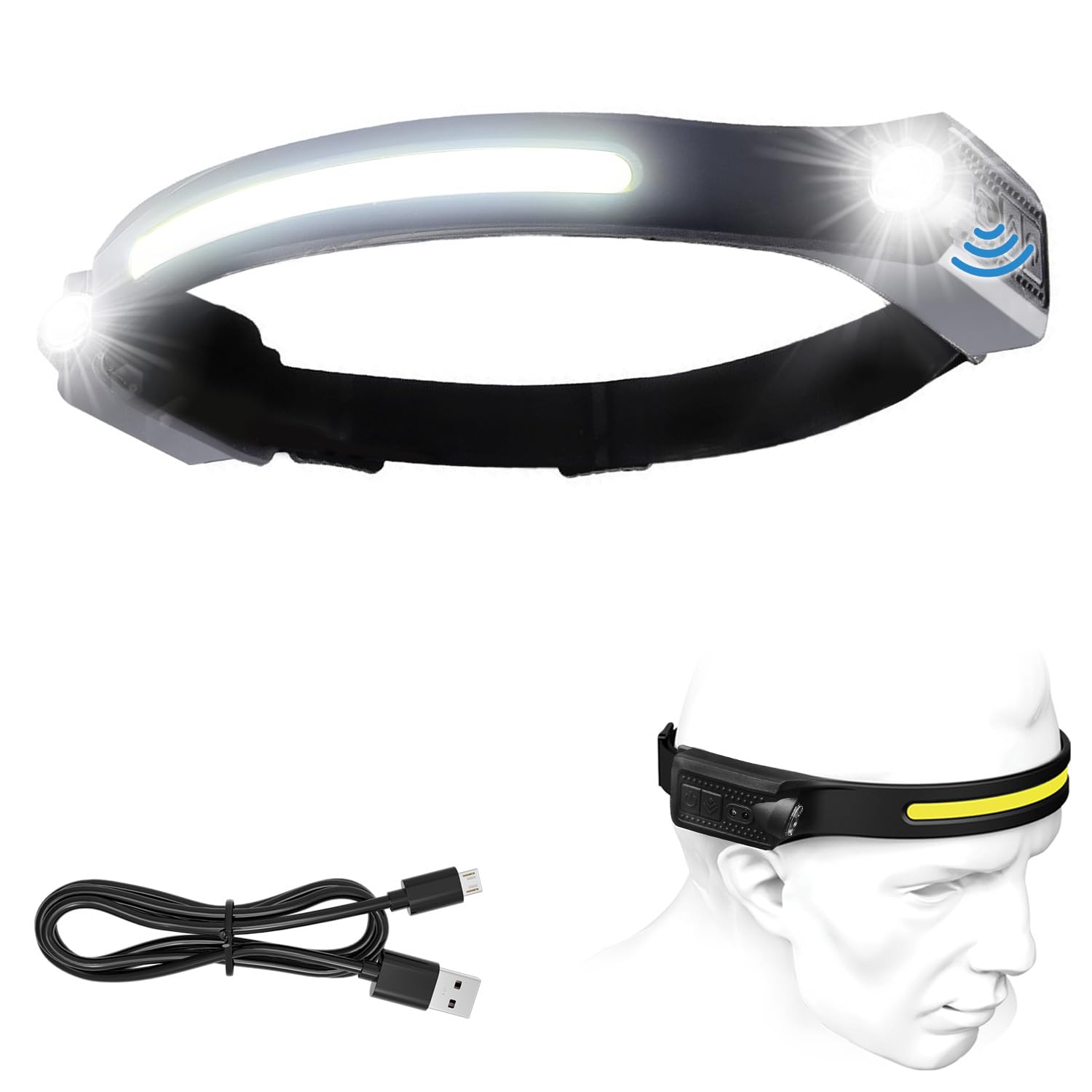 Lorrtta Black Led Head Torch Rechargeable, 1200Lm Super Bright Motion Sensor Usb Headlamp, 5 Lighting Modes & 230° Wide Angle Lumilight Head Torch, Ipx4 Waterproof, For Camping/Running