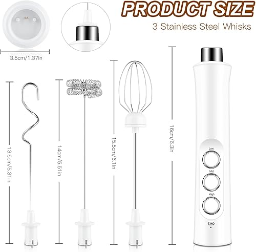 Miniatura 3 de Espumador de leche eléctrico de mano con 3 batidores, espumador recargable por USB, máquina de espuma ajustable de 3 velocidades, mezclador de