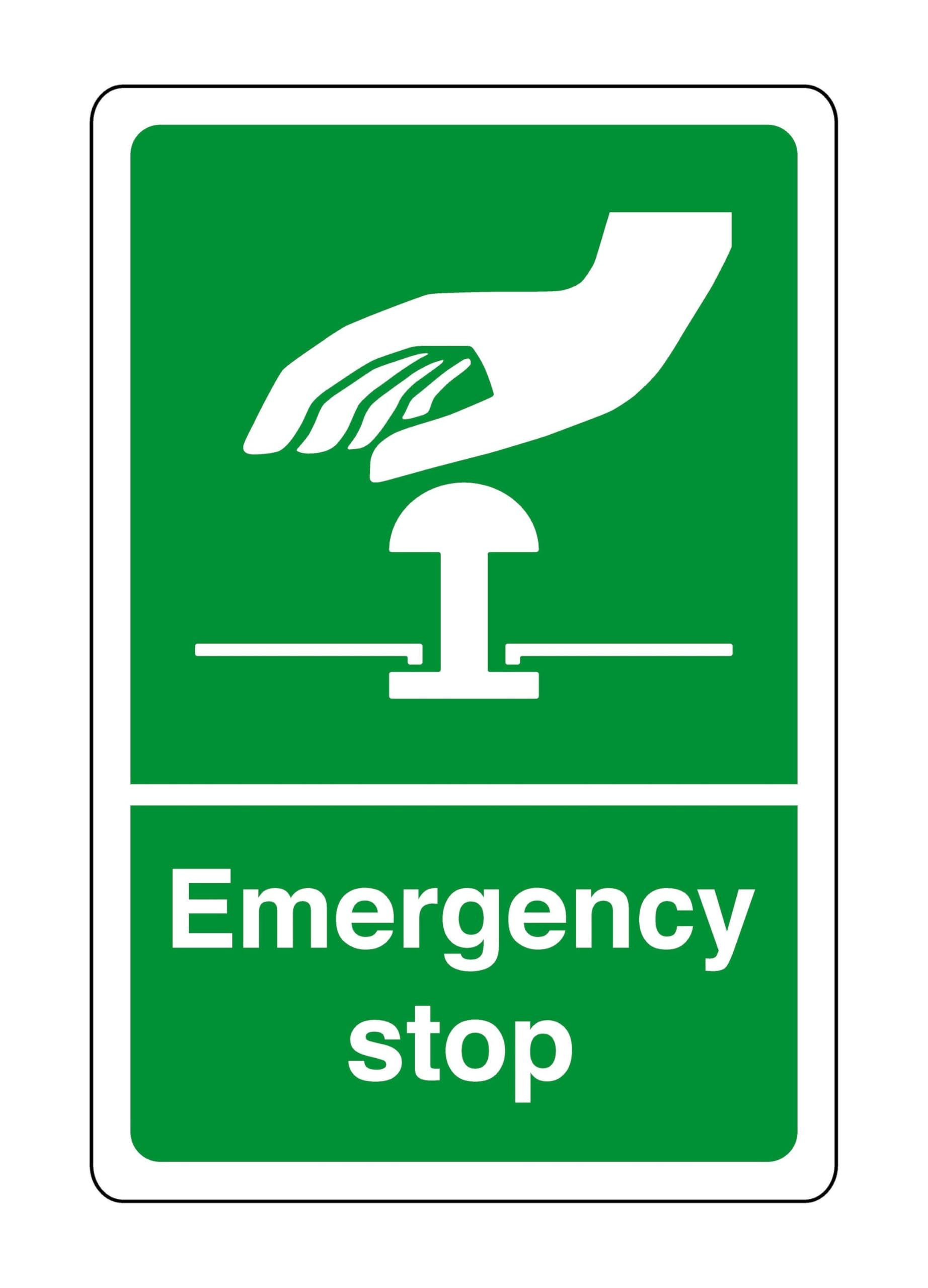 Safety First Display Ltd Green/White Emergency Stop - Safety Sign - High Tack Self-Adhesive Sticker (200Mm X 150Mm) Viewing Distance Within 5M.