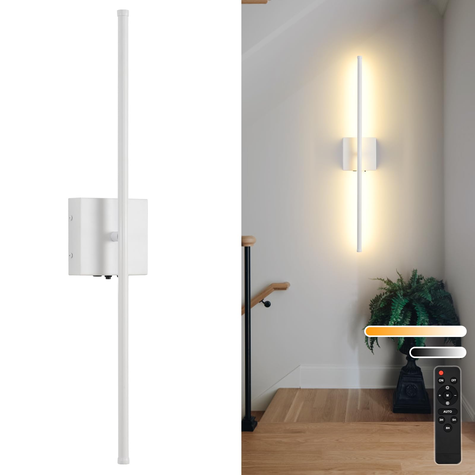 Rechargeable Battery Operated Wall Sconces, 11000mAh Wireless White Wall Lights with Remote Control, 350°Rotate Dimmable Wall Lamp, 3 Color Temperatures, for Bedroom Living Room Hallway, 1 PCS