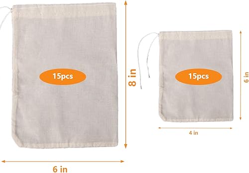 Miniatura 2 de 30 piezas de bolsas de especias de algodón natural para cocinar 4x6, 6x8 Filtros de té reutilizables con cordón, ideales para colar sopas, bolsitas
