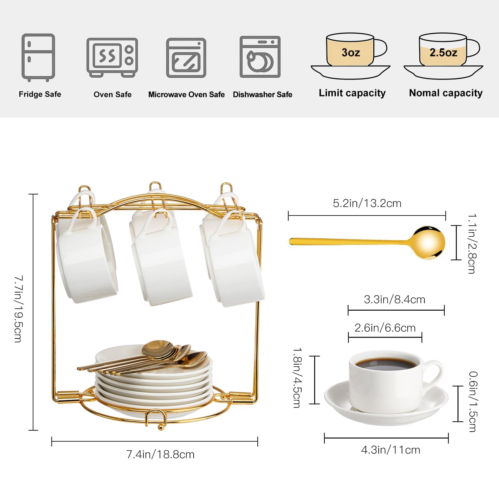 YOLIFE Espressotassen mit Untertassen, 70 ml, 6 Stück, mit goldfarbenem Metallständer | Kaffee stapelbare Espressotassen, Keramik Expresso Shots Tasse mit Ständer & Untertassen, Weiß