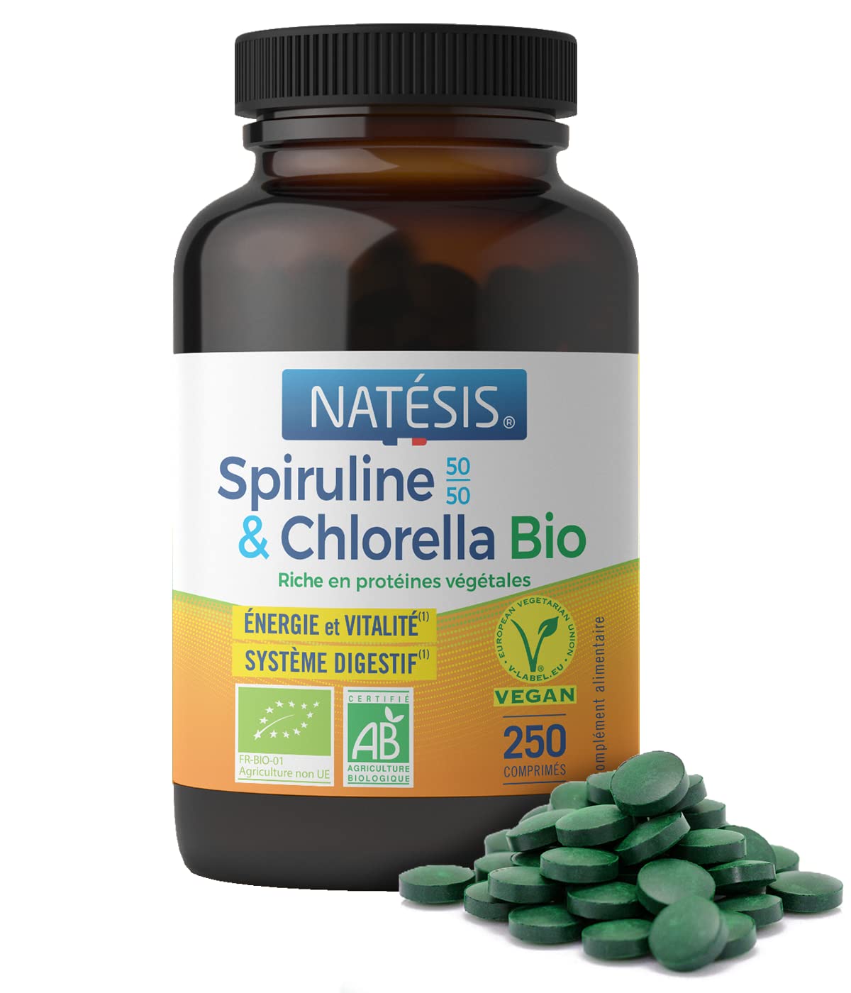 NATESIS — Spiruline & Chlorella Bio 50/50 — 250 comprimés 540 mg — Complément alimentaire bio et vegan — Vitalité, digestion, immunité — Flacon en verre brun — 135 g