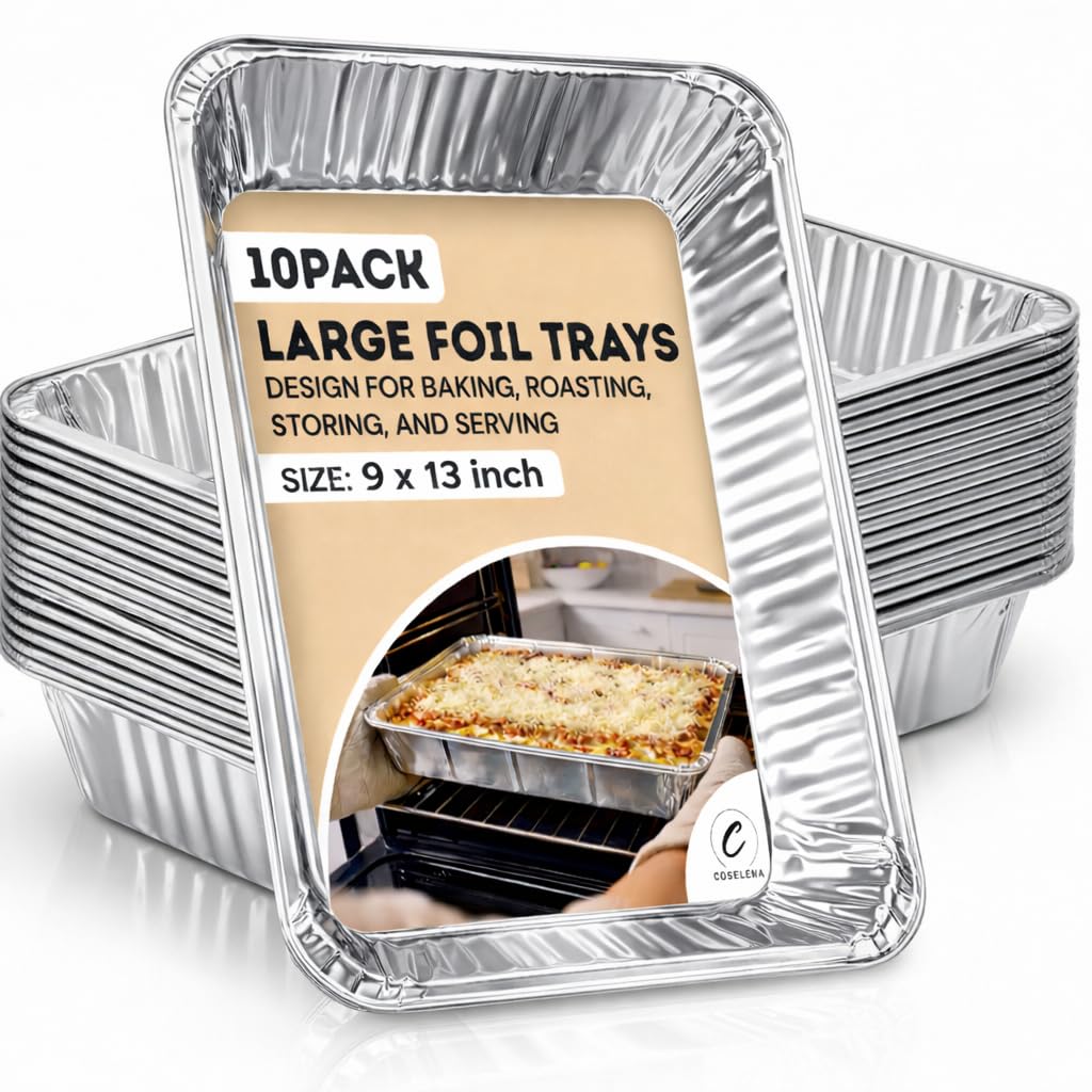 Coselena Large Foil Aluminium Trays Pack of 10 – Heavy-Duty Deep Foil Containers 32 x 26 x 7 cm – Disposable Baking, Cooking, Roasting, BBQ & Meal Prep Trays – Ideal for Catering, Parties & Christmas