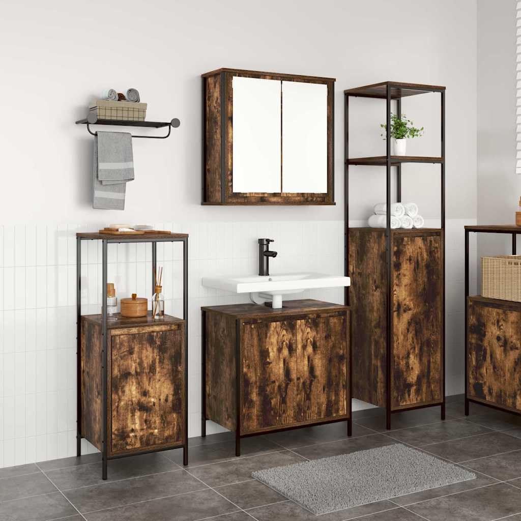 Juego de 3 piezas de lavabo con armario para lavabo de roble ahumado, 36 x 35 x 165 cm, moderno mueble de baño para pequeños baños e invitados