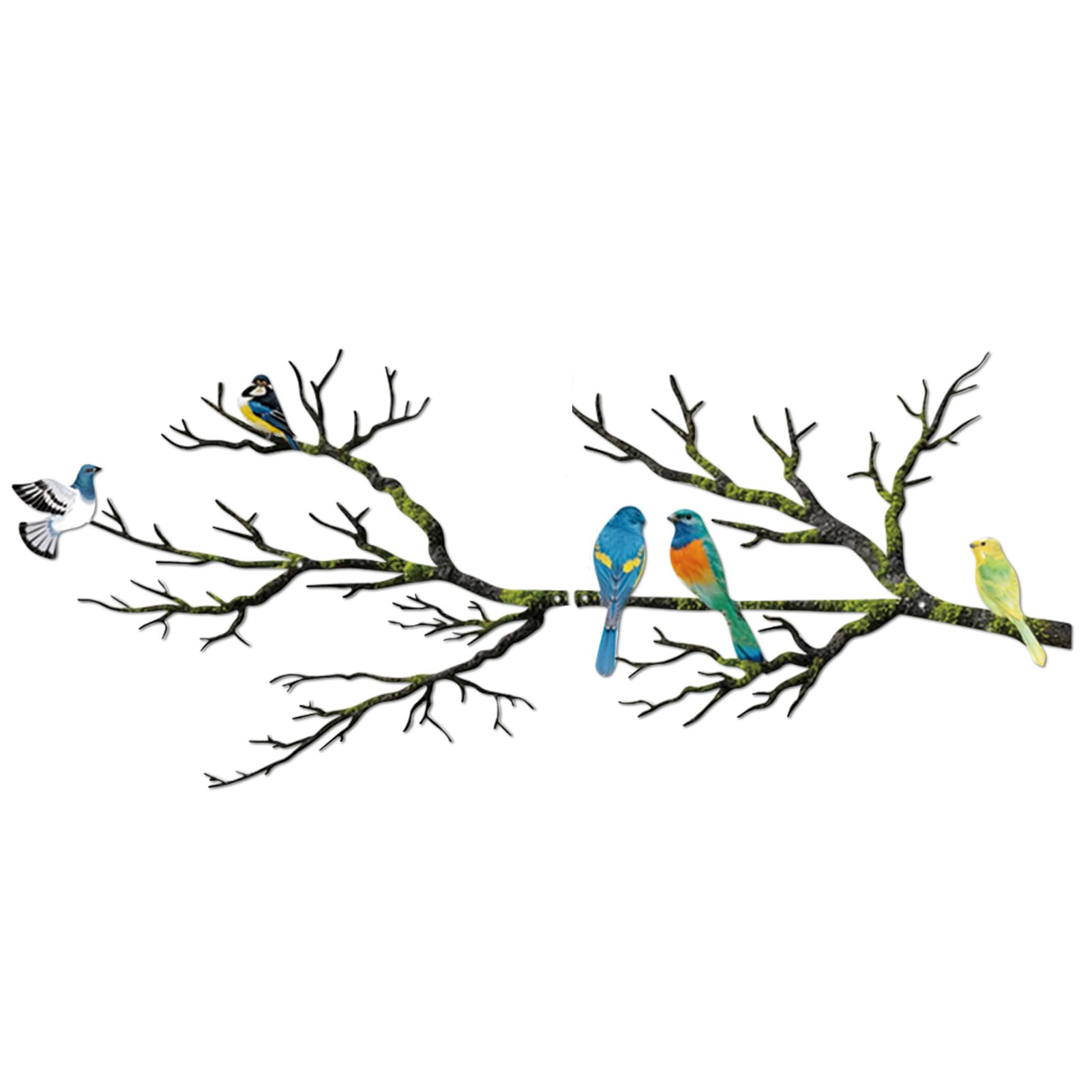 ESTART Metal Birds Wall Art, Metal Vivid Birds on Branch Silhouette Wall Decor Black Leaves with Bird Outdoor Hanging Wall Sculpture for Home Balcony Garden (Bright Color, Large)