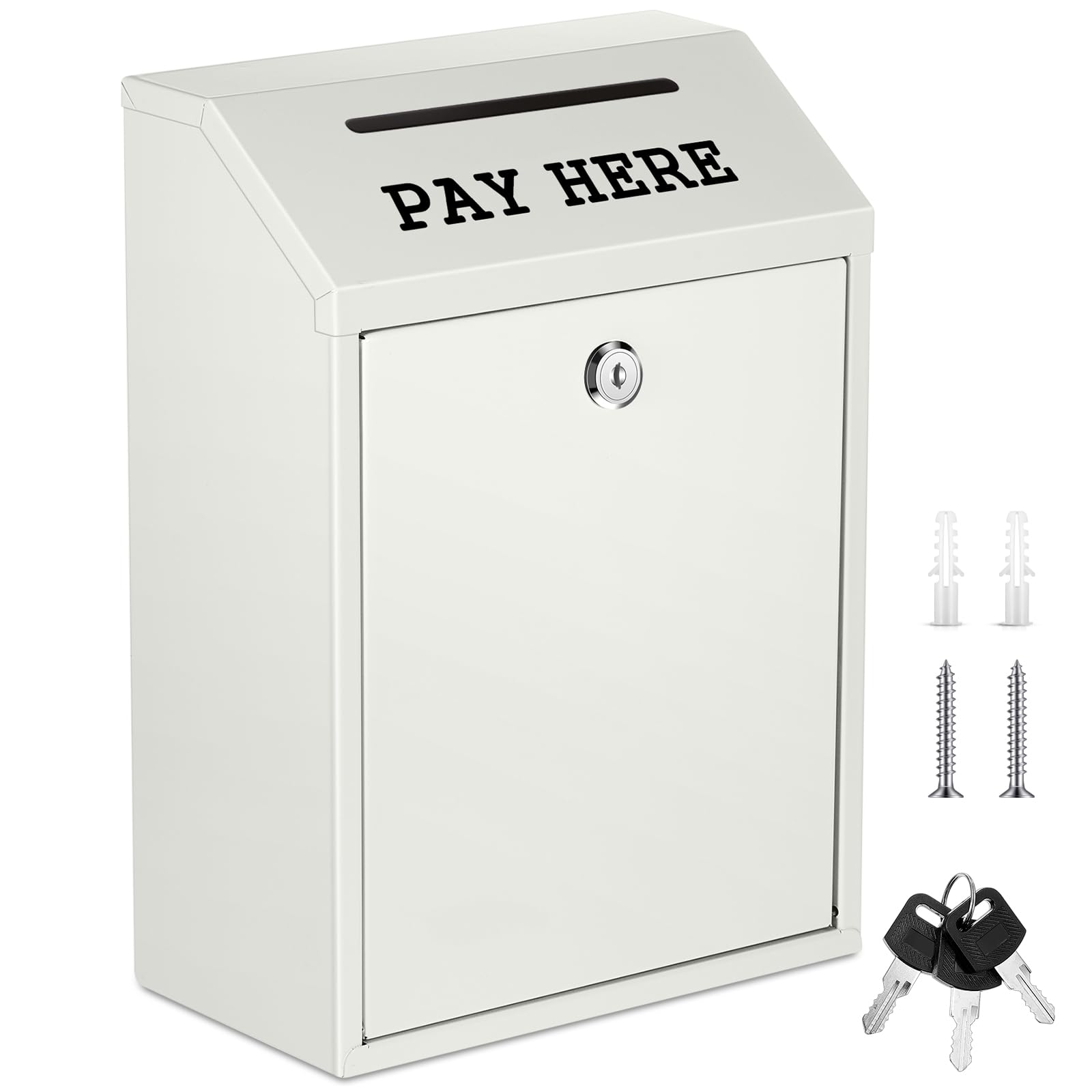 Yaocom Safe Cash Box Money Collection Metal Donation Box with Lock Wall Mount Pre Drilled Mailbox Delivery Ballot for Home Office Outdoor Self Serve Stand(White,11.8 x 8.6 x 4.7 Inch)