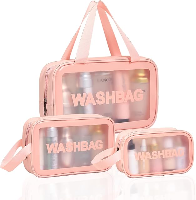 Clear Toiletry Bag, 3 PCS Clear Travel Toiletries Bags, Makeup Cosmetic Bag Transparent Travel Wash Bag for Women and Girls (Pink)