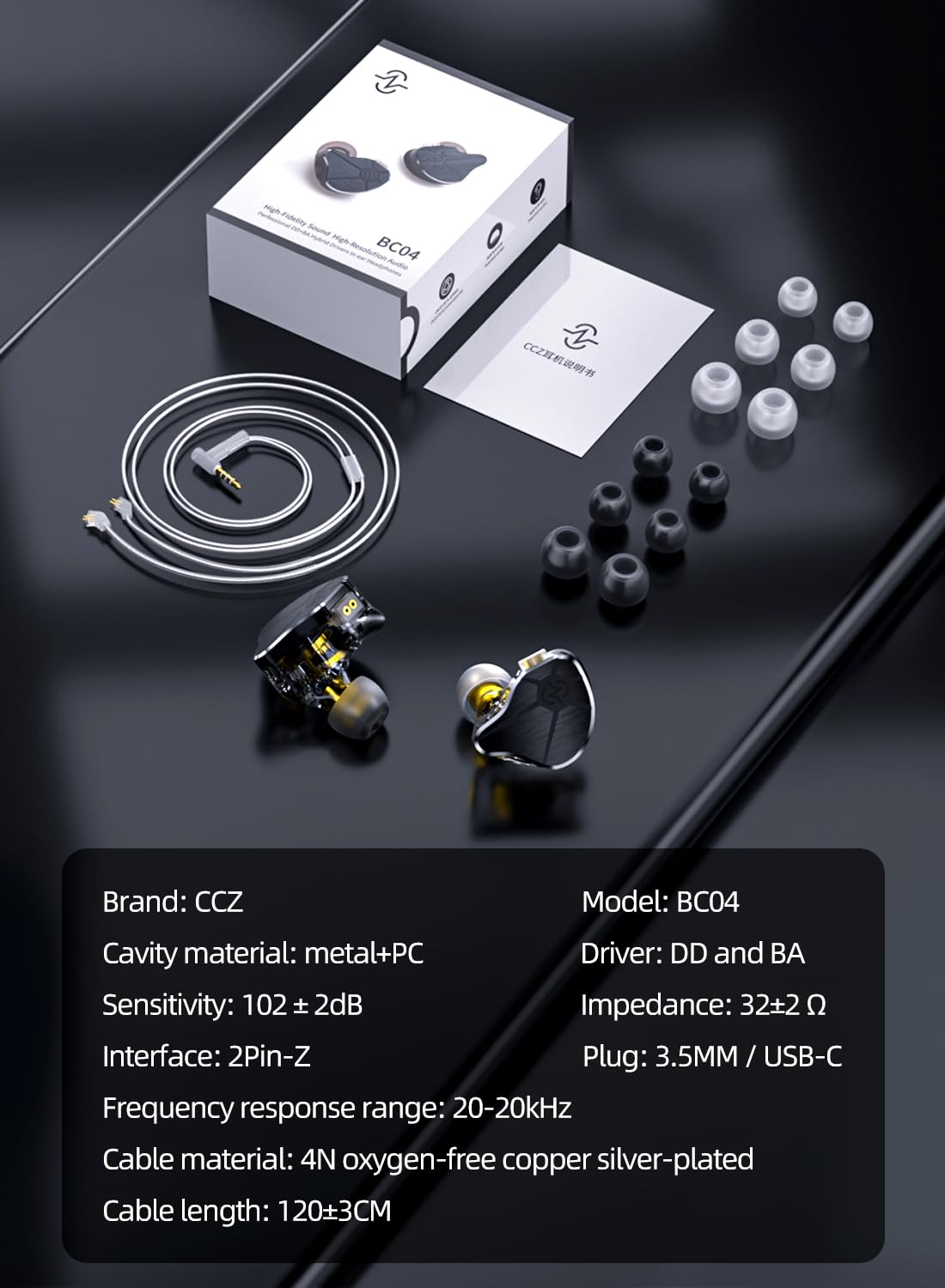 keephifi CCZ BC04 HiFi in Ears IEM in Ear Monitor,ecouteurs Filaire écouteurs Intra-Auriculaires pour chanteurs, 1BA 1DD Écouteurs filaires de Jeu légers, 2PIN-Z détachable câble(Noir,sans Micro)