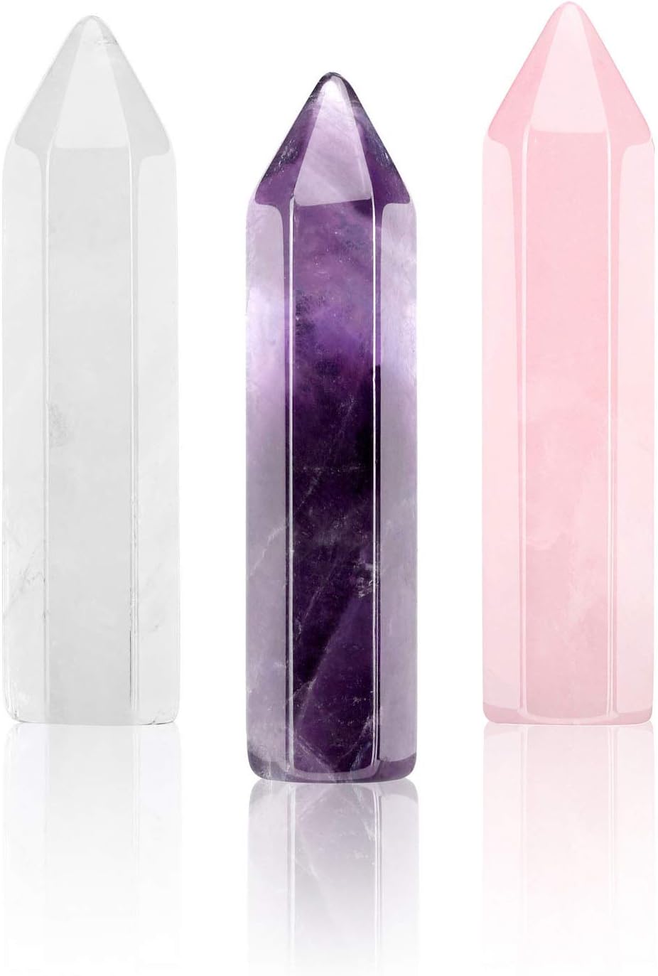 Jovivi 3pcs 45mm Amethyst Rose Quartz Clear Quartz Chakra Crystals Healing Wands Kit Reiki Tumbled 6 Facet Single Point Stones Bohemian Meditation Set
