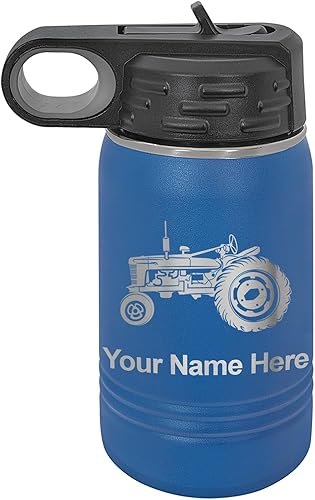 LaserGram 12oz Double Wall Flip Top Water Bottle With Straw, Old Farm Tractor, Personalized Engraving Included (Dark Blue)