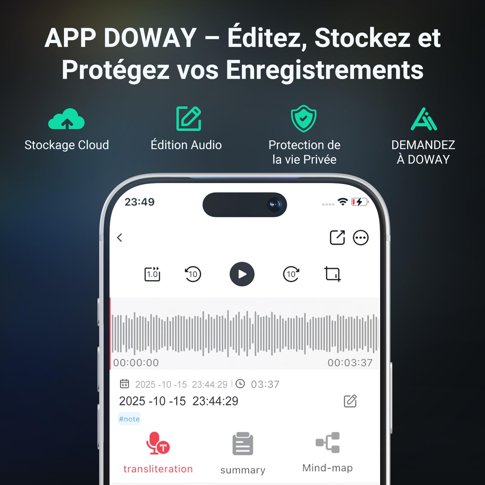 MECHEN KI Enregistreur Vocal Numérique 64 Go | Technologie IA pour Transcription et Résumé, Contrôle par Application, Cloud illimité, prend en charge 81 langues