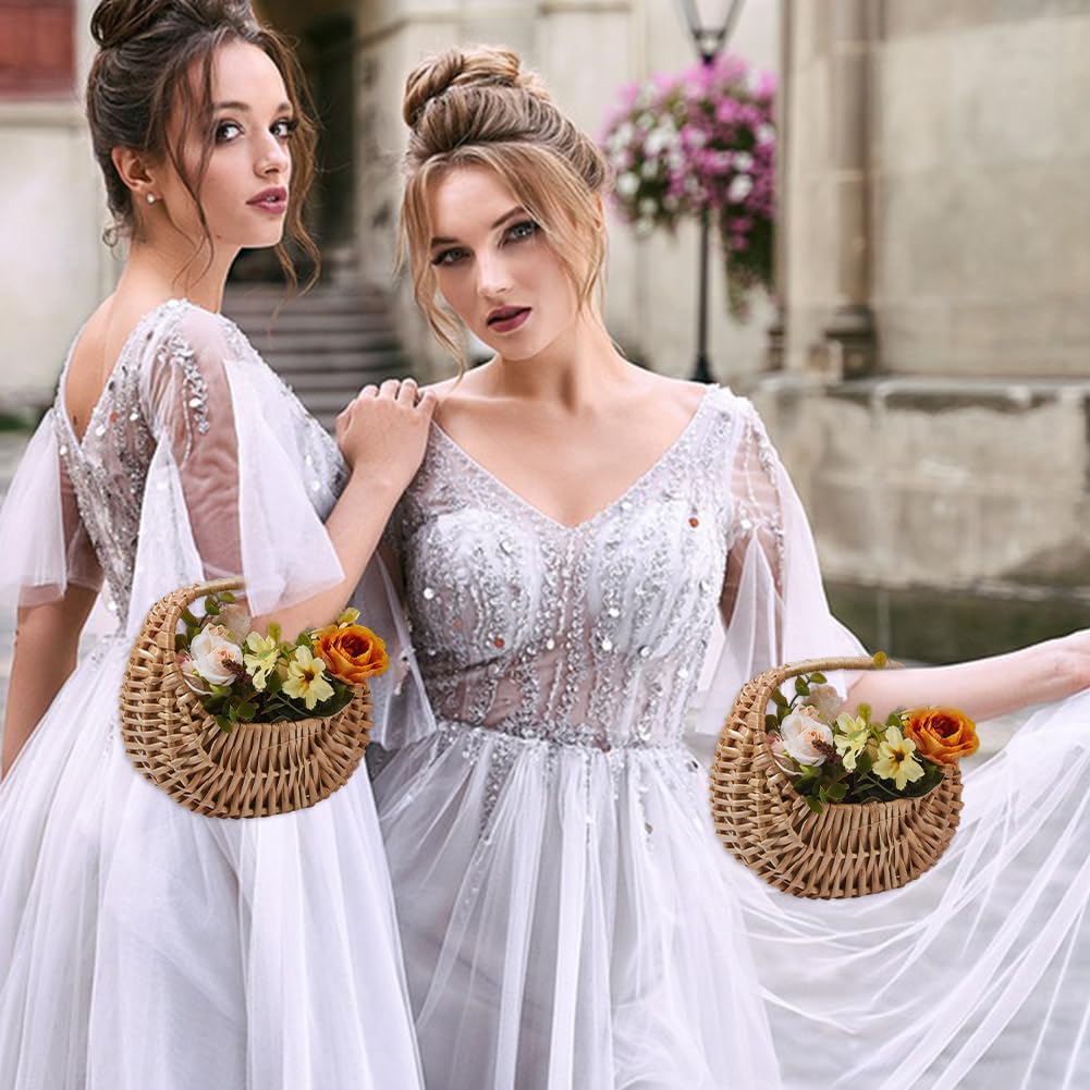 DICOSMETIC 4Pcs Rattan Wicker Baskets Rattan Flower Girl Basket Small Wicker Flower Baskets Rustic Elegant Flowers Basket with Handles and Waterproof Lining for Home Party Decorations, 18x12x16.5cm
