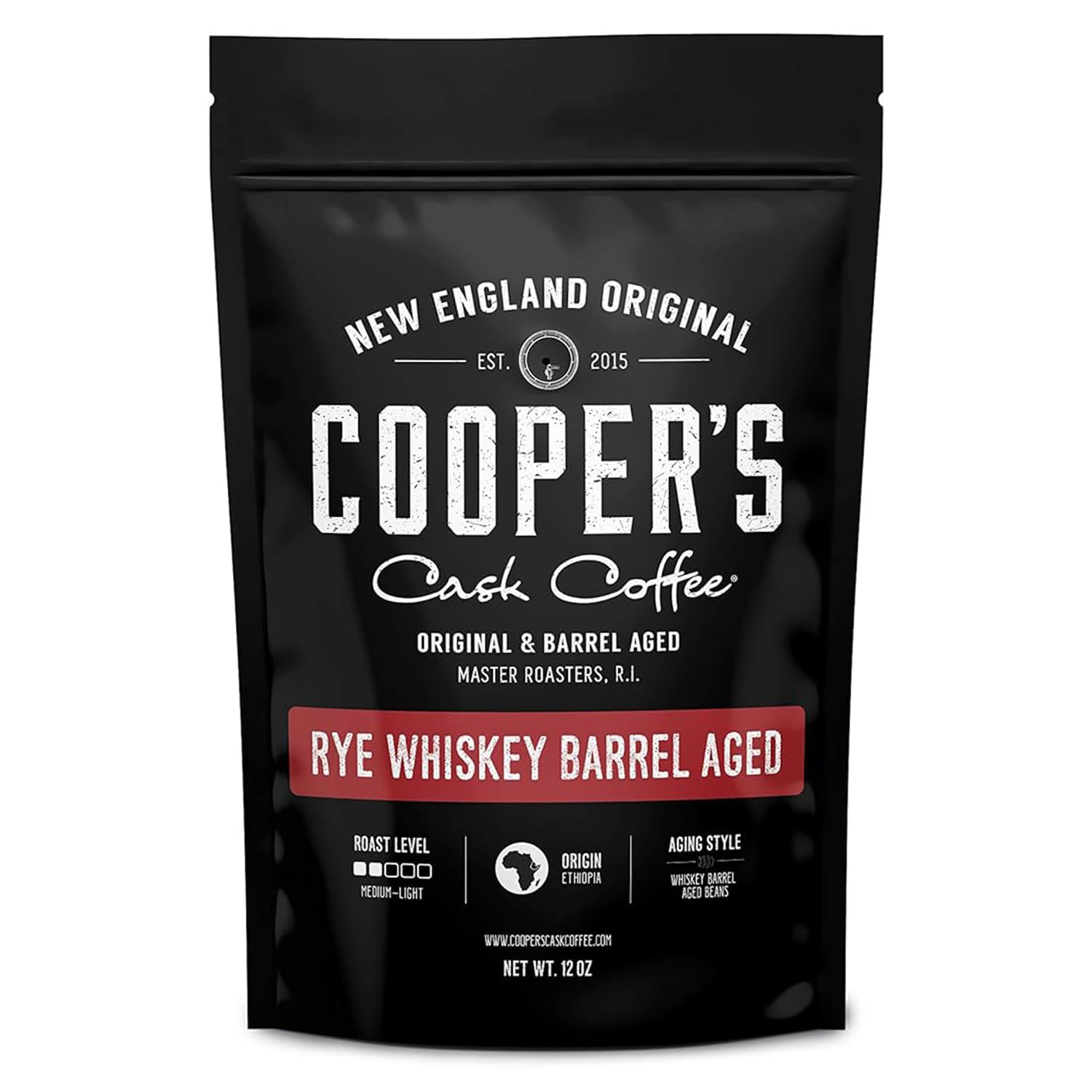 Rye Whiskey Barrel Aged Coffee, Single-Origin Ethiopian Beans Aged in Rye Whiskey Barrels, Medium Light Roast Whole Bean, 12 oz