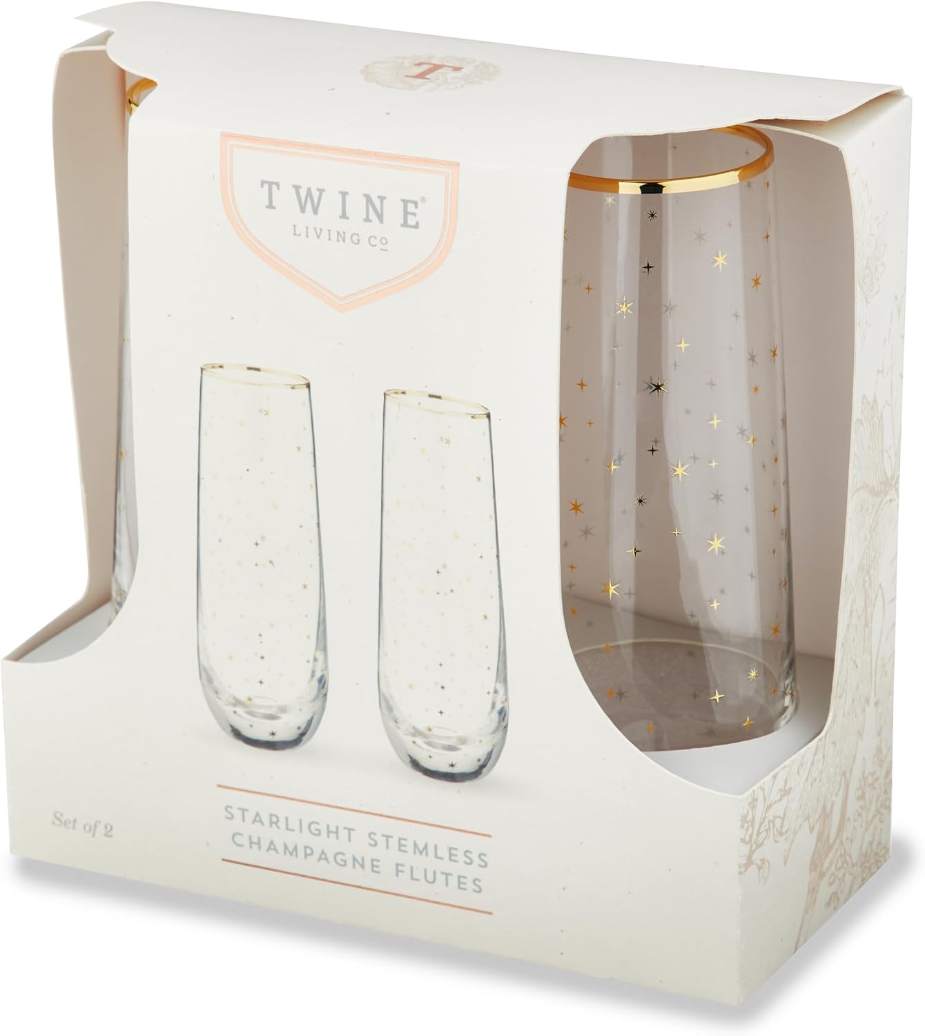 Twine Starlight Stemless Champagne Flutes, Gold Rim and Stars Pattern, Sparkling Wine Glasses for Prosecco, Sparkling Cocktails, Mimosas, Elegant Glassware for Wedding Gifts, Home Bar, 10 oz, Set of 2