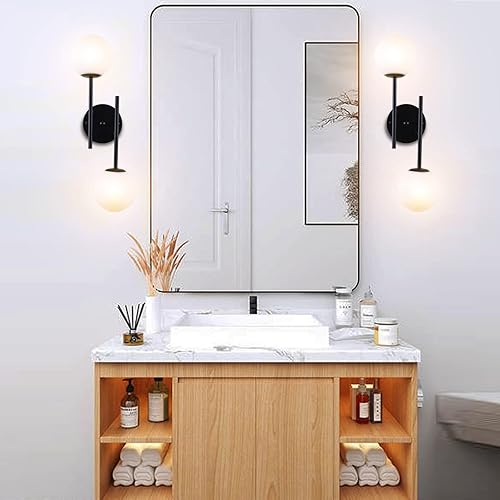 Miniatura 3 de Apliques de pared de globo negro, 2 luces modernas de tocador negro mate con pantalla de vidrio de globo blanco, lámpara de pared industrial de
