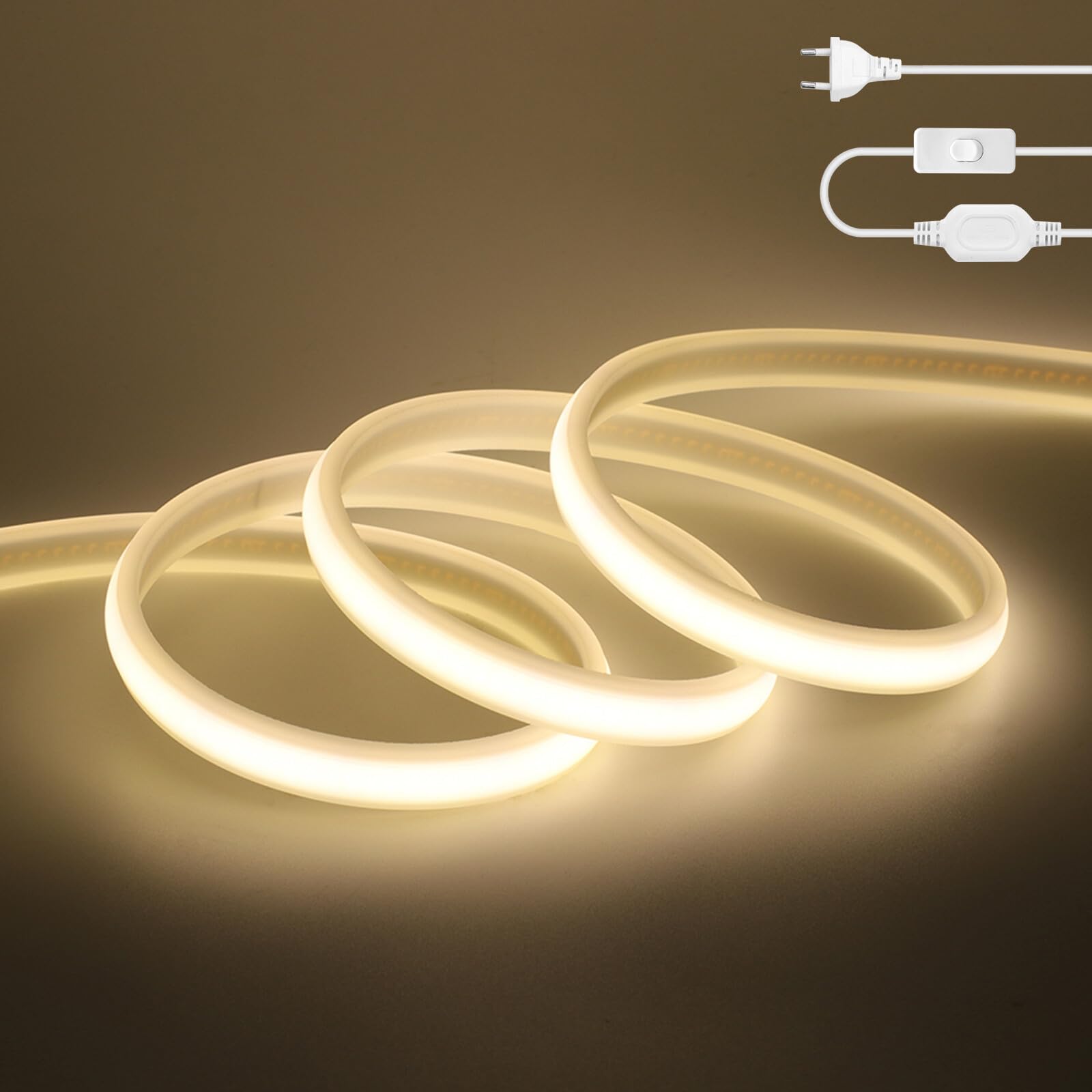 220V COB LED Tira de Luces [15M, Blanco Natural 4000-4500K]，288 LEDs/m Cortable Silicona FCOB LED Neón Tira CRI85+，IP68 Impermeable Flexible，Hogar/Tienda de Iluminación Decorativa