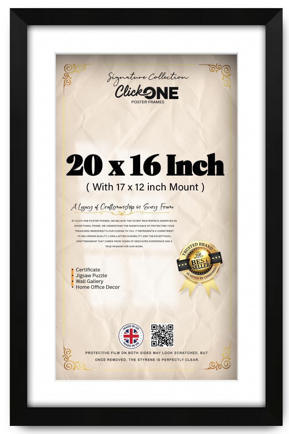 Click One Elegant 20 X 16 Inch Photographic Poster Frame With 43.18 X 30.48 Cm White Mount For Vertical And Horizontal Display In Living Room Or Gallery 50.8 X 40.64 Cm Slim Profile Matt Black