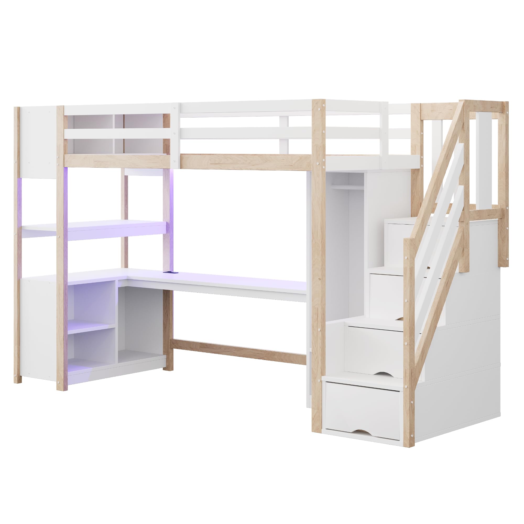 Merax Holz Hochbett 90 x 200 cm, mit Schreibtisch, Kleiderschrank, Treppe mit Stauraum, Regal und Ablagefach, Hochbett mit LED Lichtleiste und Steckdose, weiß & Holzfarbe (ohne Matratze)