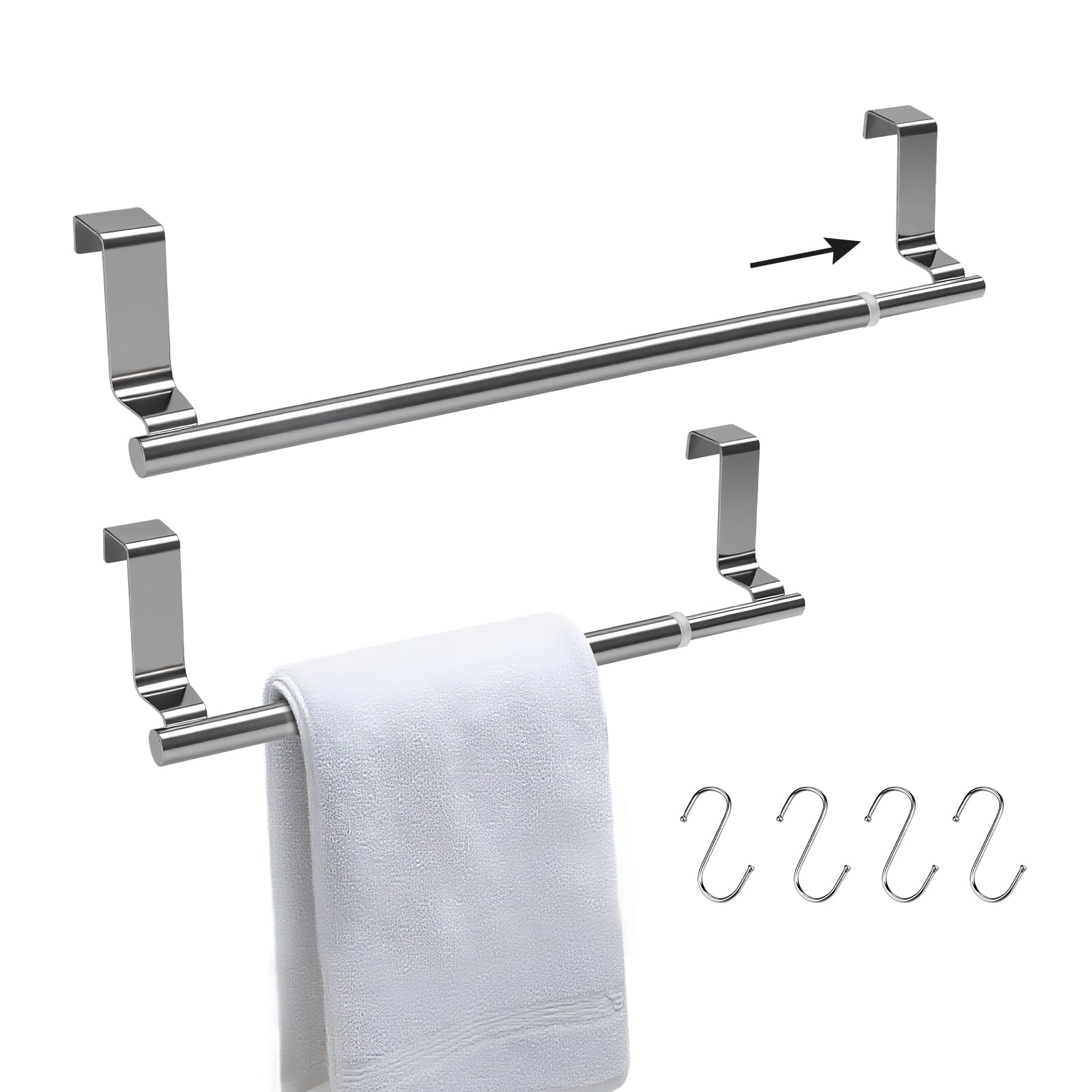 2Pcs Over Door Towel Rail Kitchen Towel Holder Stainless Steel Tea Towel Rail Extendable(22.5-35/30-51cm) with 4 Pcs S Hooks for Hanging for Kitchen Cupboard Bathroom Drawer Cabinet Silver