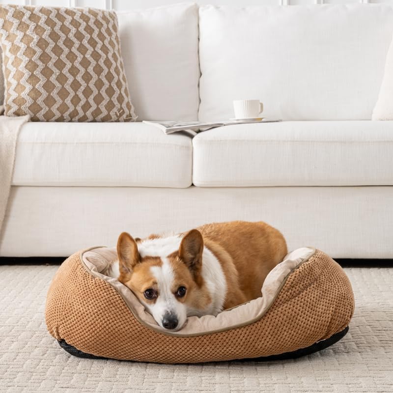 Happy Pets Luxury Orthopedic Pet Bed, Wide Stripe, Brown or Dark Gray Square Nest Bolster Design, Machine Washable Cover, for All Breeds (Brown, 35" x 25" x 9")