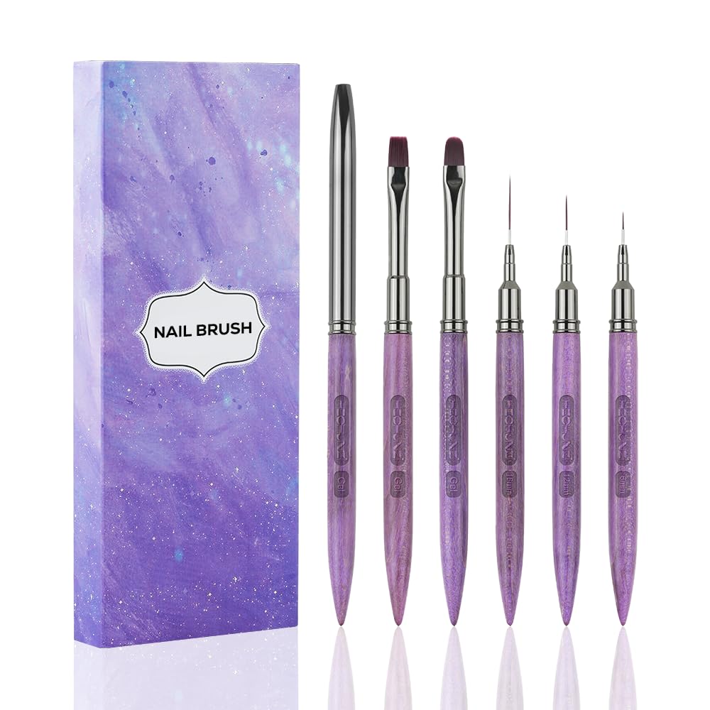 Nail Art Brushes Set, 5pcs Nail Art Design Pen Painting Tools with Extension Gel Brush, Polish Brush, Liner Brush 18/12/6mm - Thin Details, Fine Drawing for Home DIY Salon Use (Starry Purple)