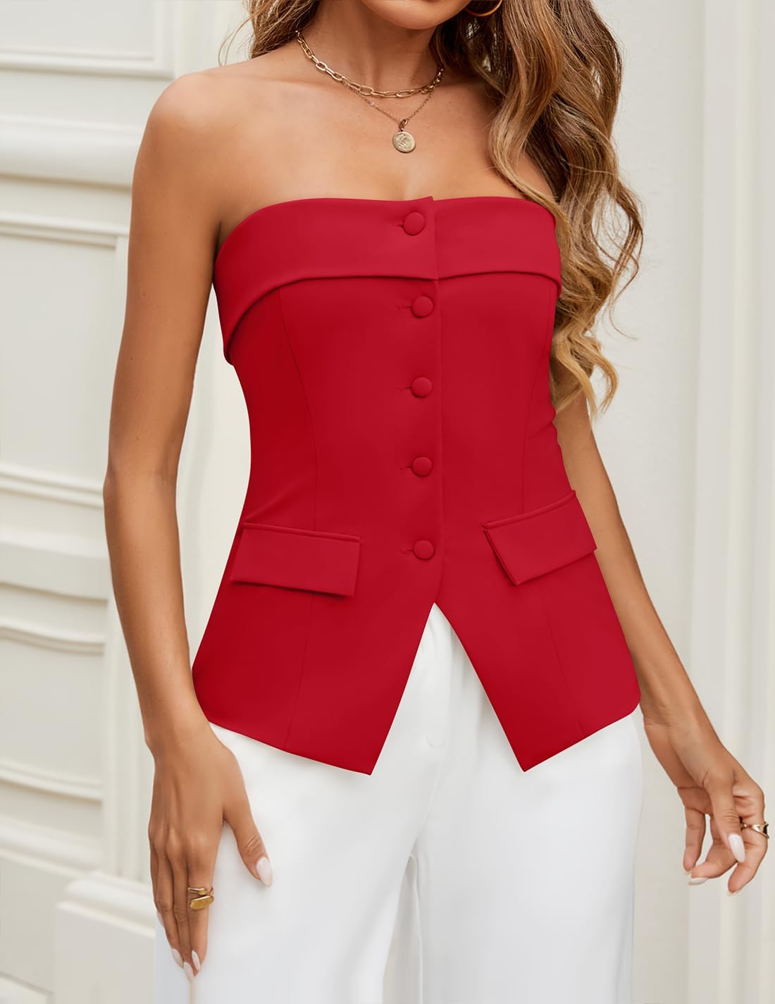 ZESICA Strapless Blazer Vest for Women 2026 Summer Going Out Sleeveless Button Down Dressy Tube Vest Tops Trendy Waistcoat - Image 5