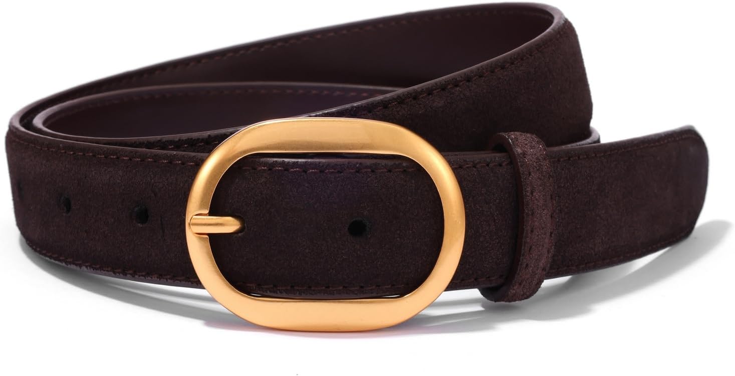 Womens Leather Suede Belt Brown Waist Belt for Casual Dress Jeans Ladies Genuine Leather Gold Buckle Belt - Image 4