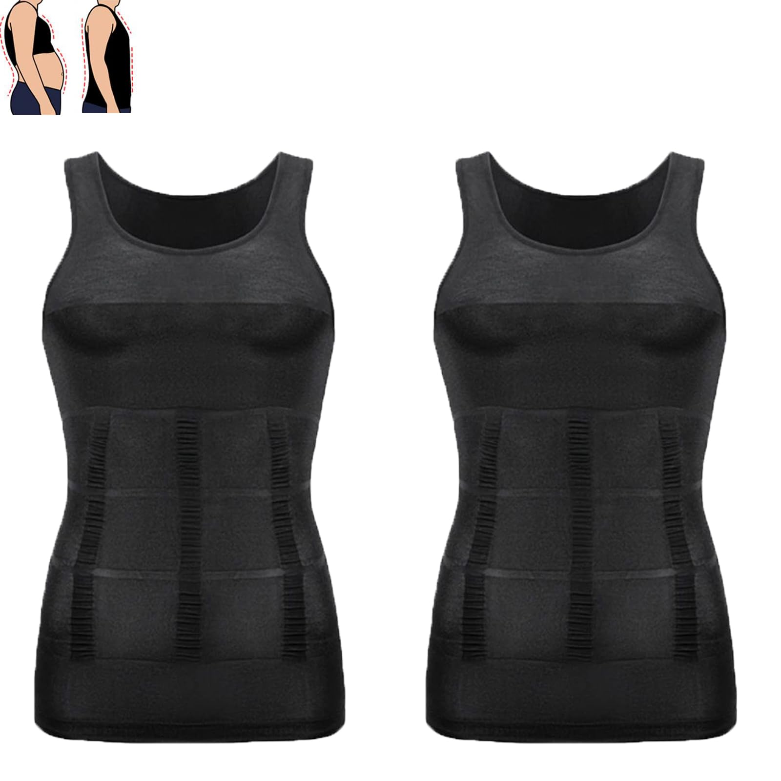 Hokuto Male Shaper Tank, Mens Gynecomastia Abdomen Tummy Compression Shirts Trainer Corset (XXL, Black+Black)